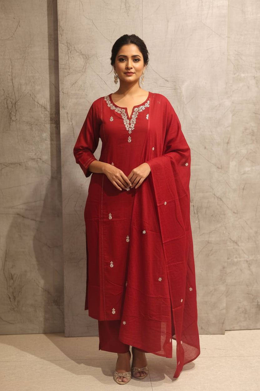 Maroon Hand Embroidery Cotton Straight Fit Kurtha 377