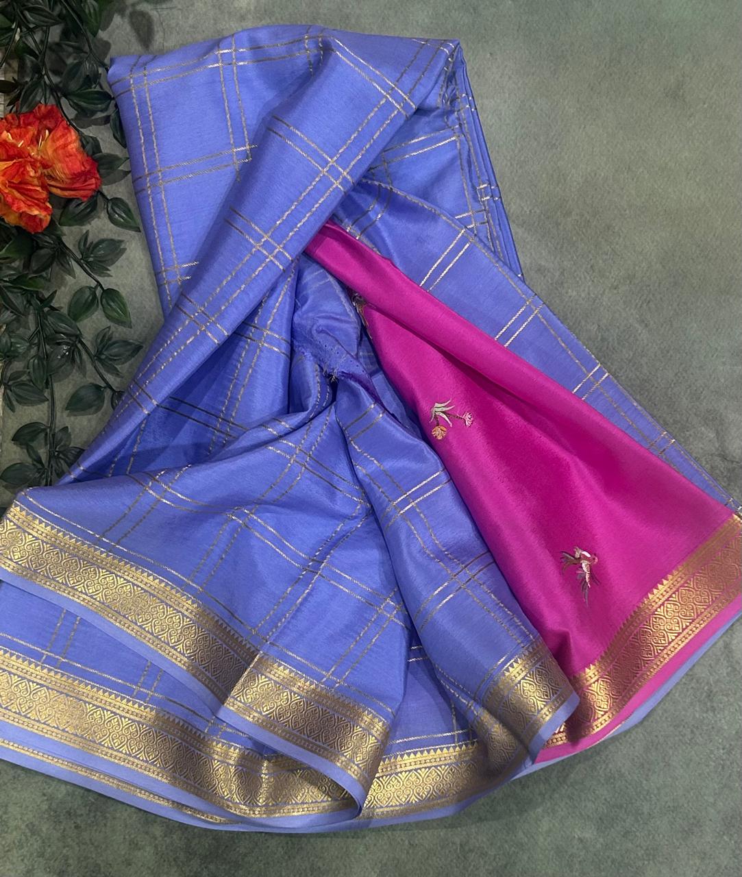 Pastel blue embrodiery checks pure Mysore crepe silk 103 saree