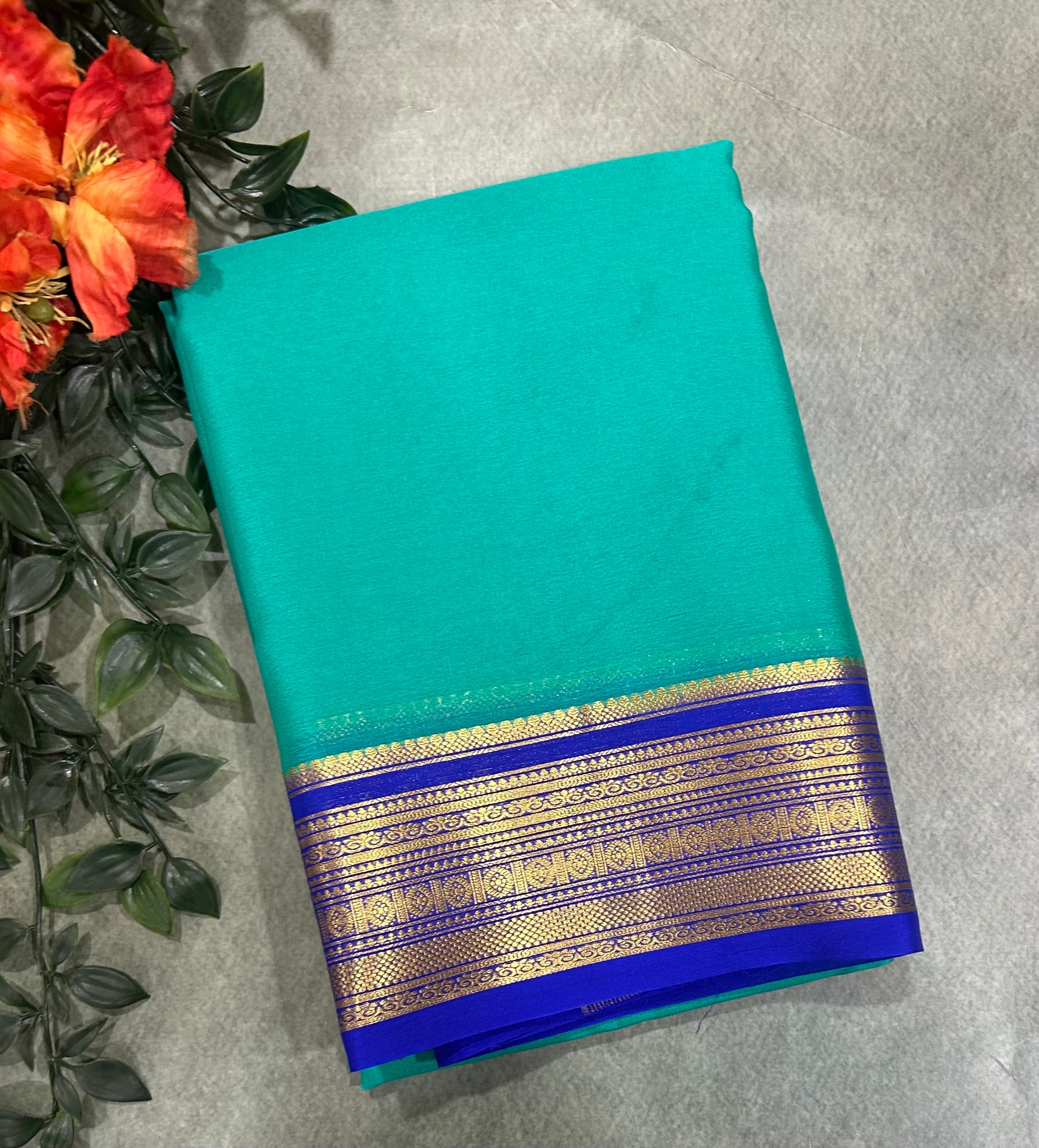Rama green n blue pure Mysore crepe silk saree