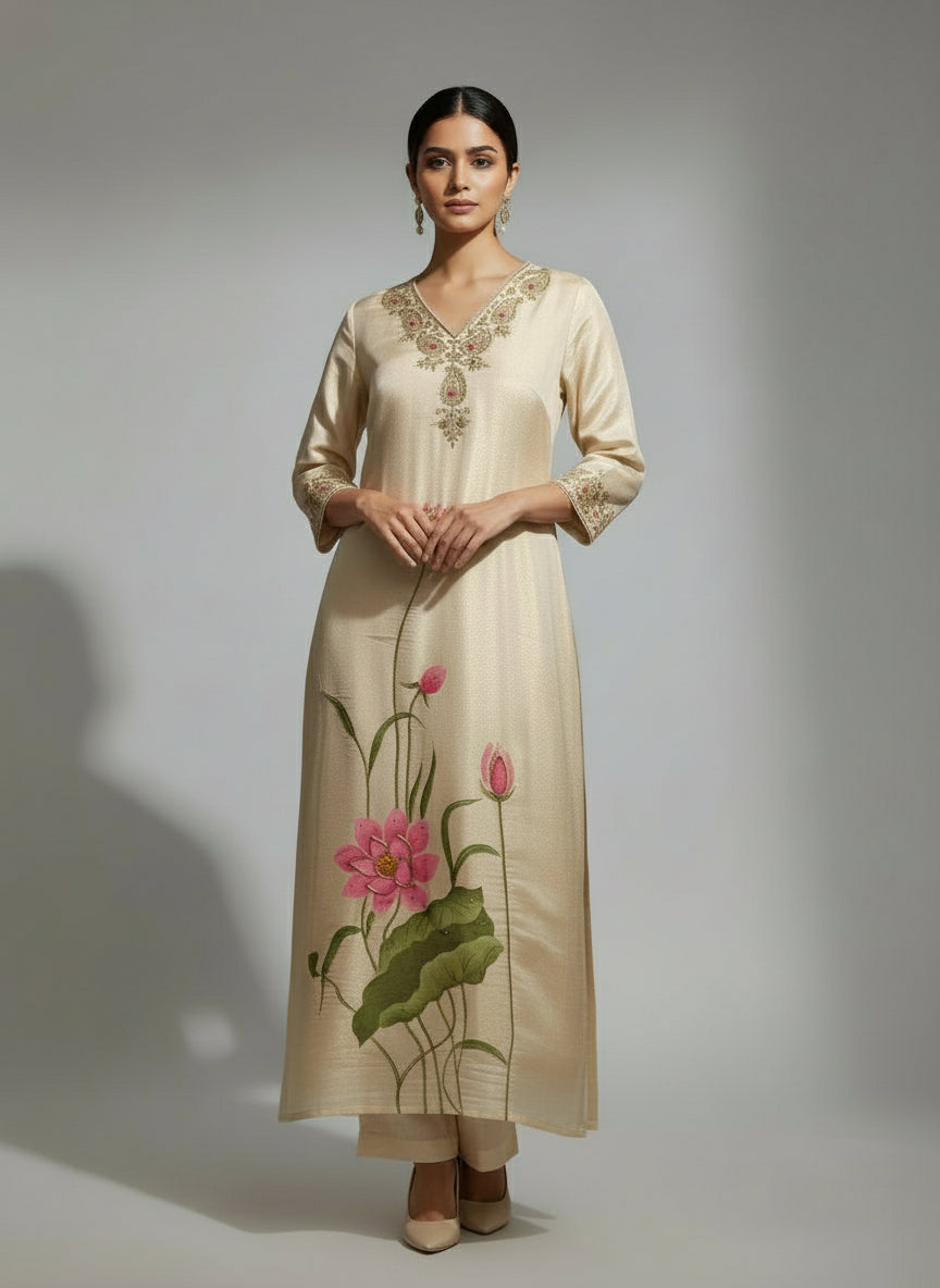 "Chandini" Cream 115 Pure Tissue shimmer Kurtha with Floral Digital Print Zardozi Handwork