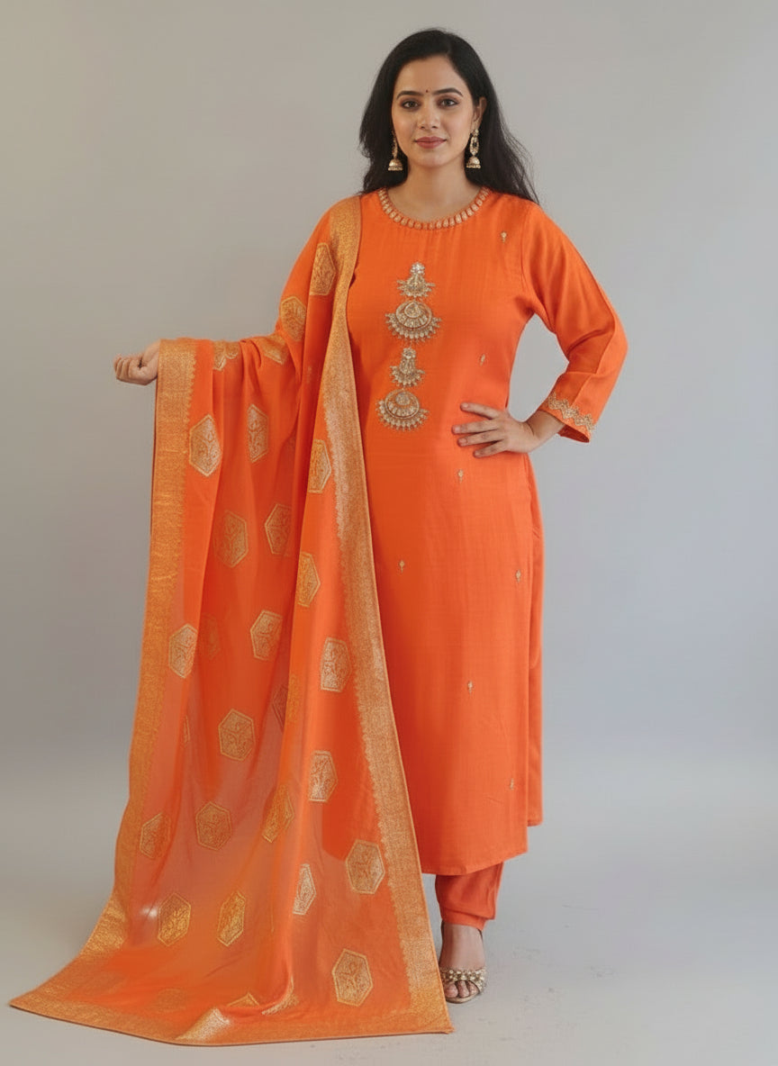 Orange Dola Silk Handwork Straight Fit Kurtha 49