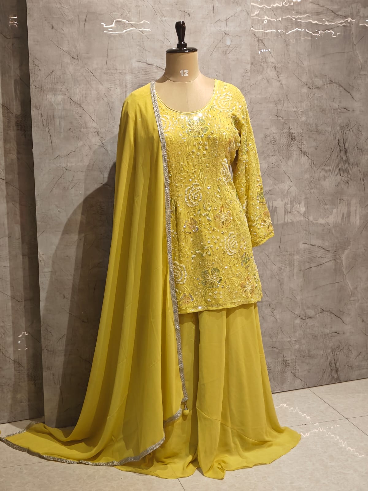 Yellow Chinnon Hand Embroidery Sharara Kurtha 301