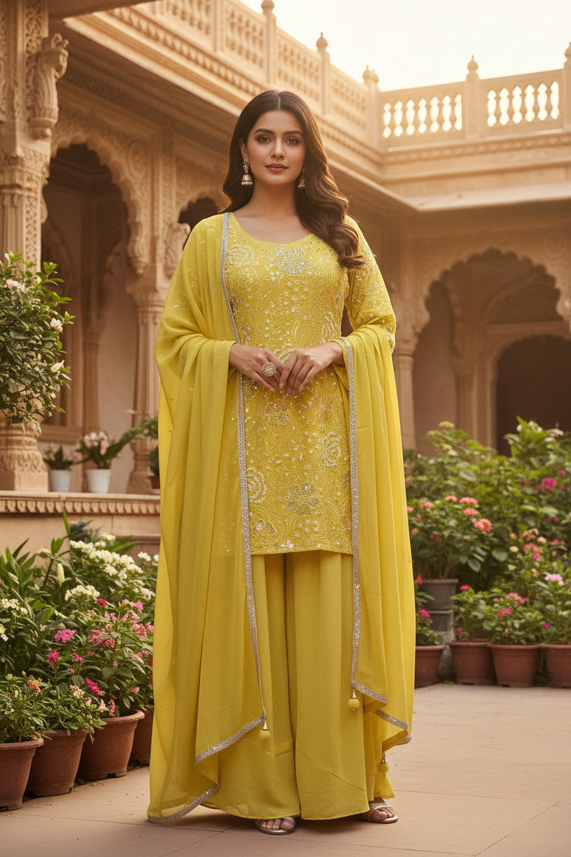 Yellow Chinnon Hand Embroidery Sharara Kurtha 301