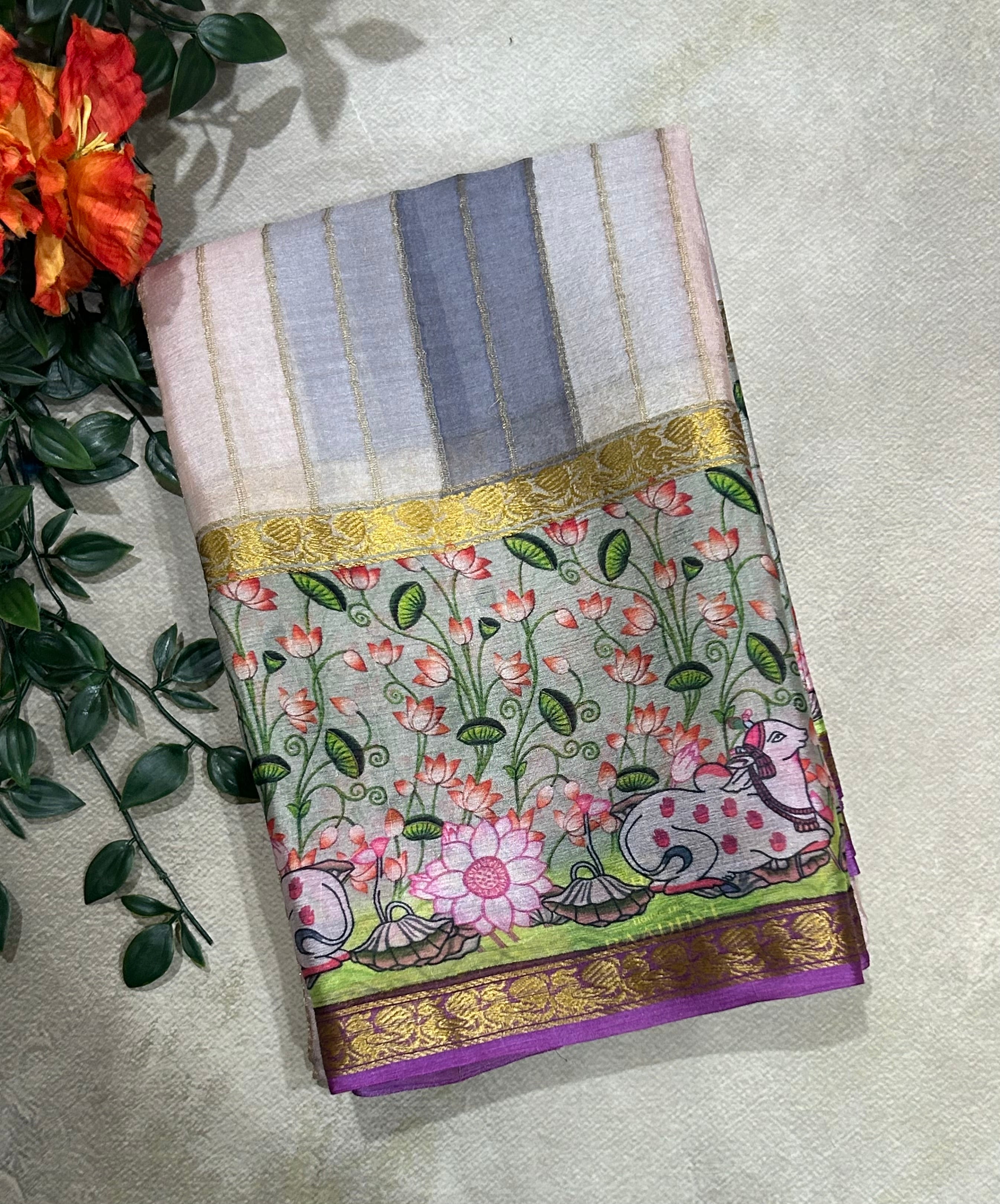 Rankart kalamkari border pure wrinkle 103 crepe silk saree