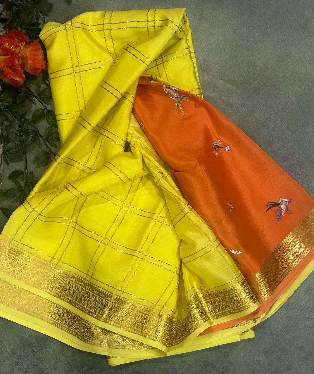 Yellow embrodiery checks pure Mysore crepe silk 103 saree