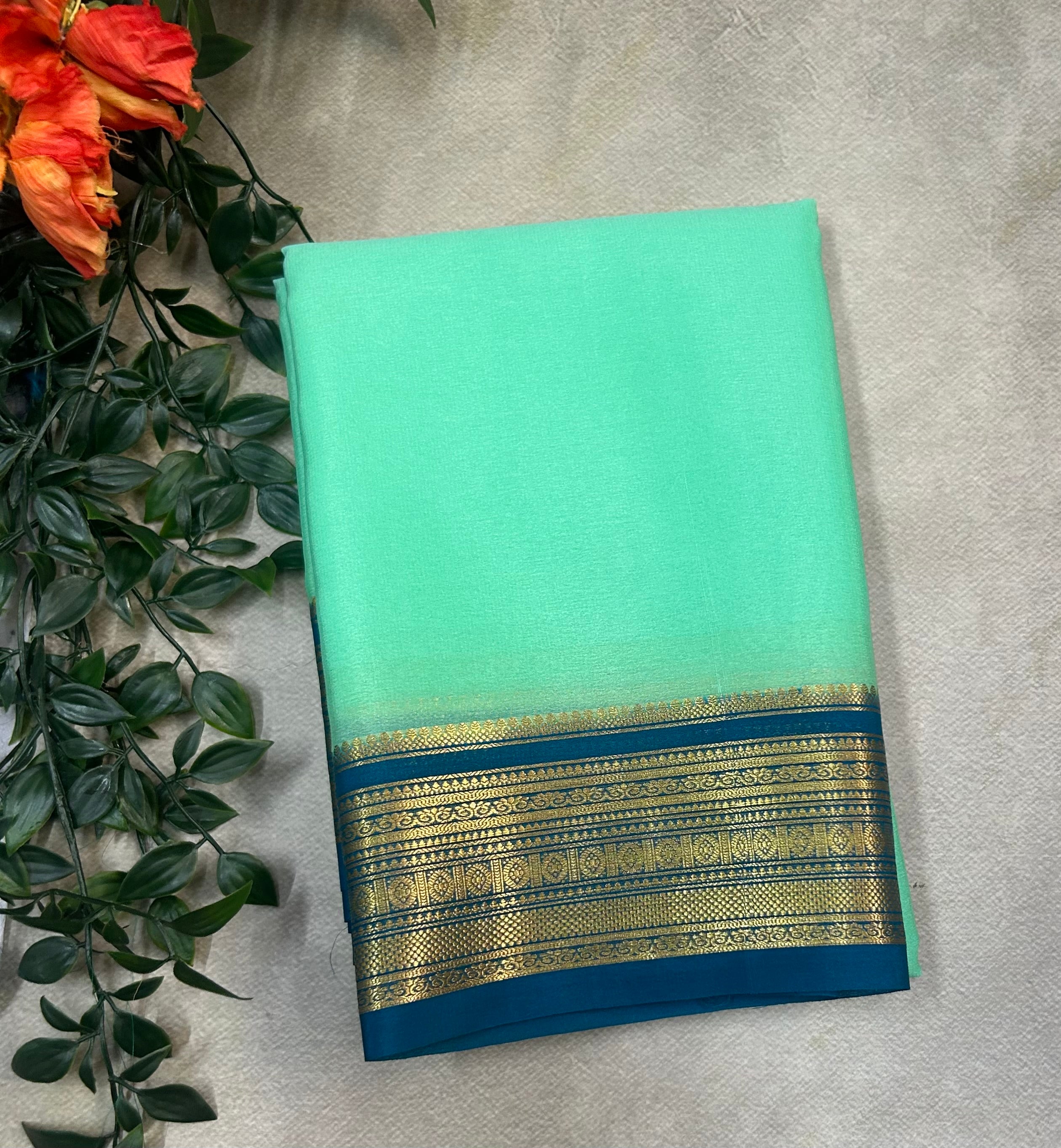 Pastel green n peacock blue  pure Mysore silk saree