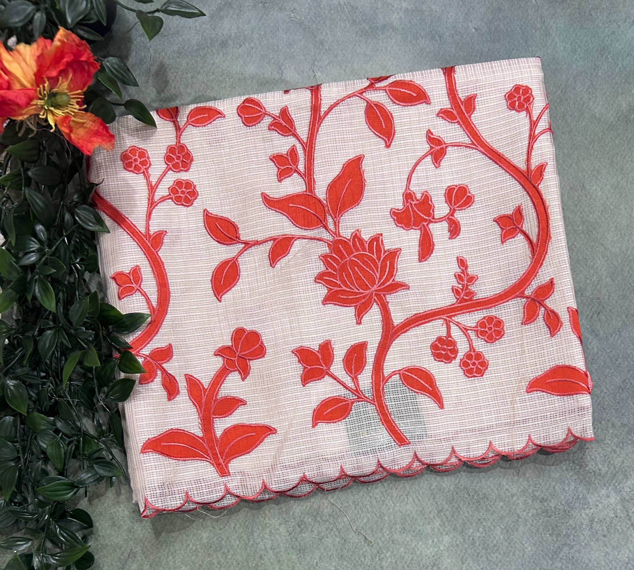 Cream scallop border orange embroidery work Kota check 106 Saree