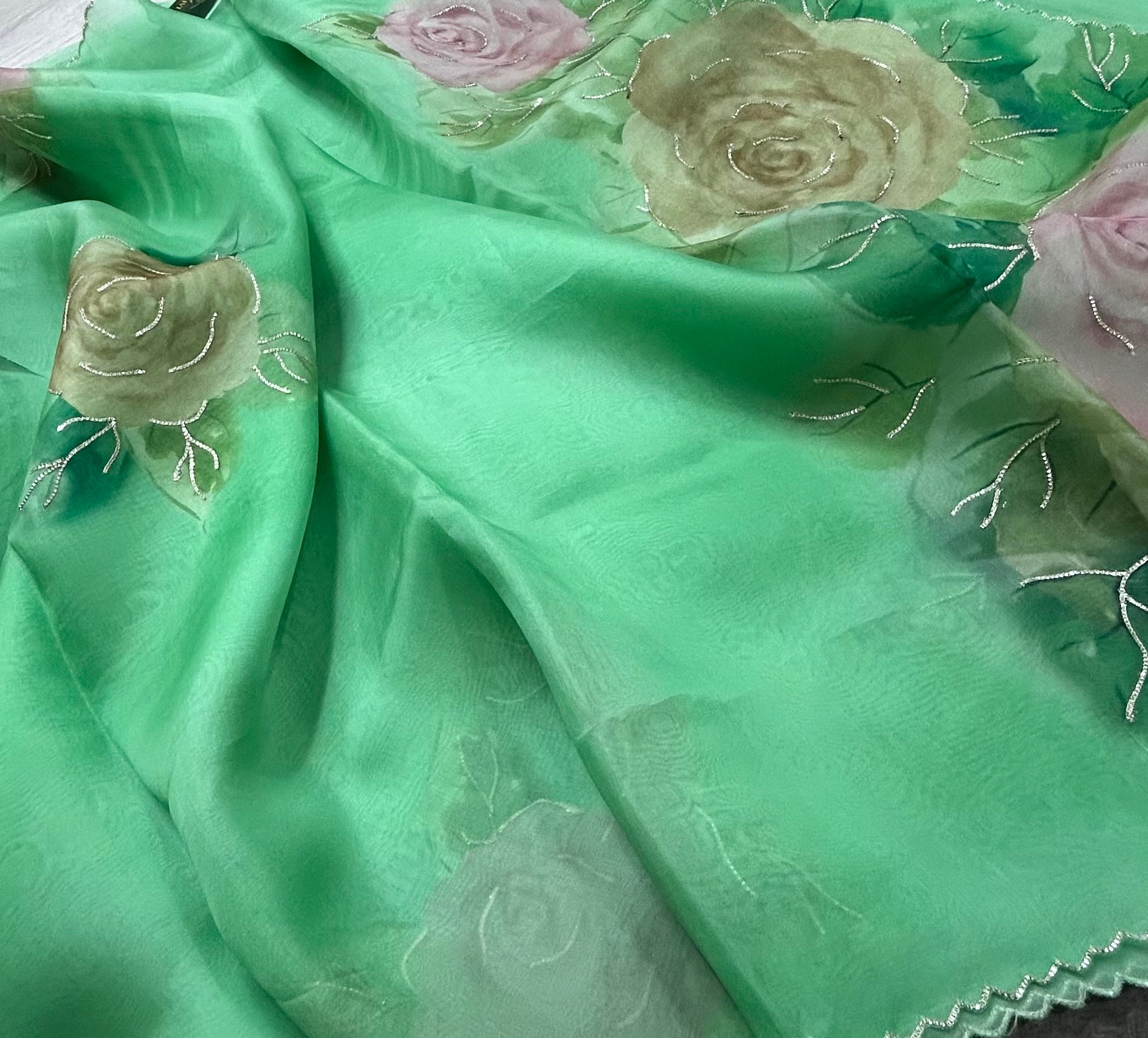 Aqua green pure 104 organza silk saree