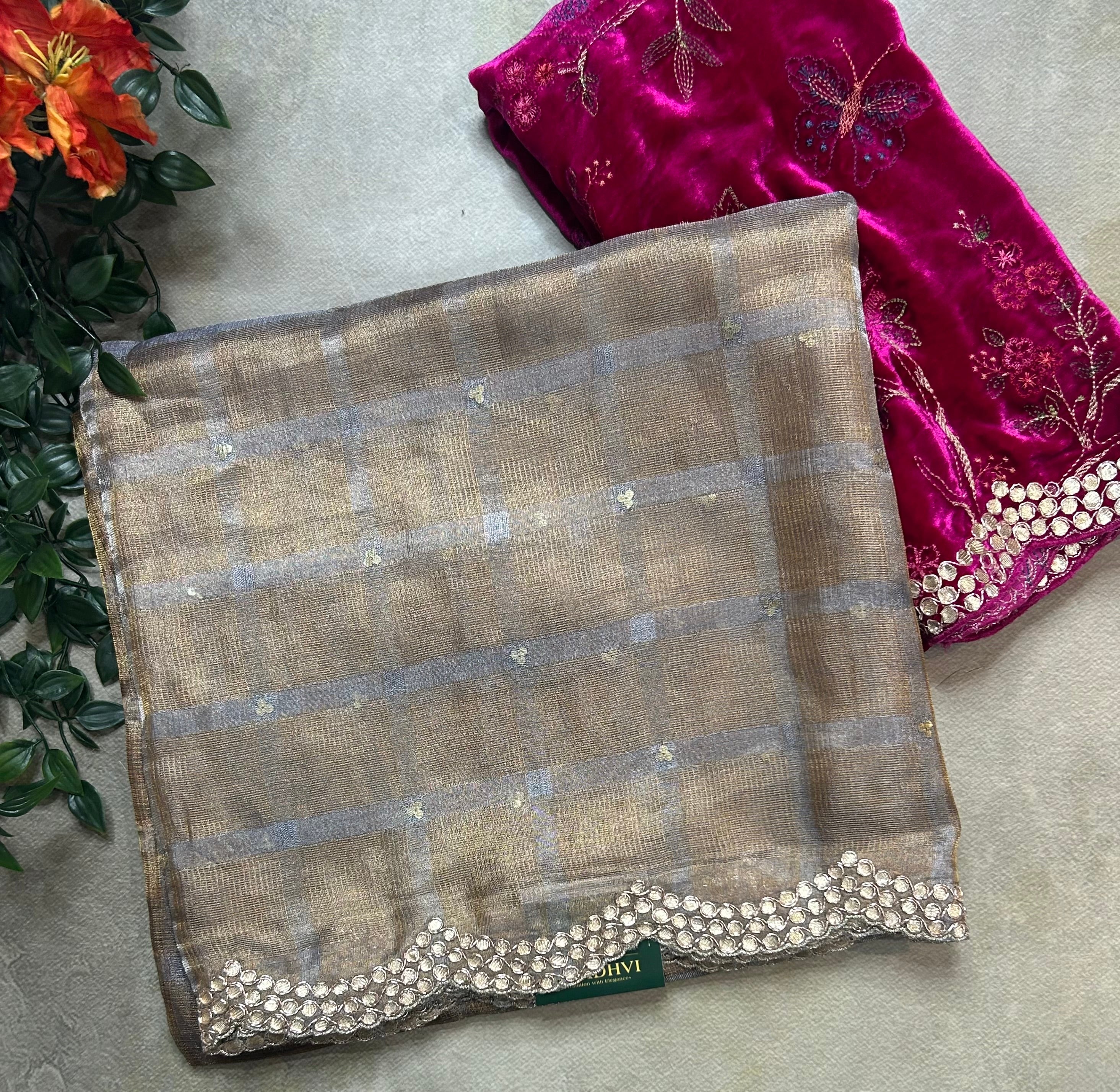 2D checks pure Kora tissue 104 with velvet embroidery work blouse piece saree