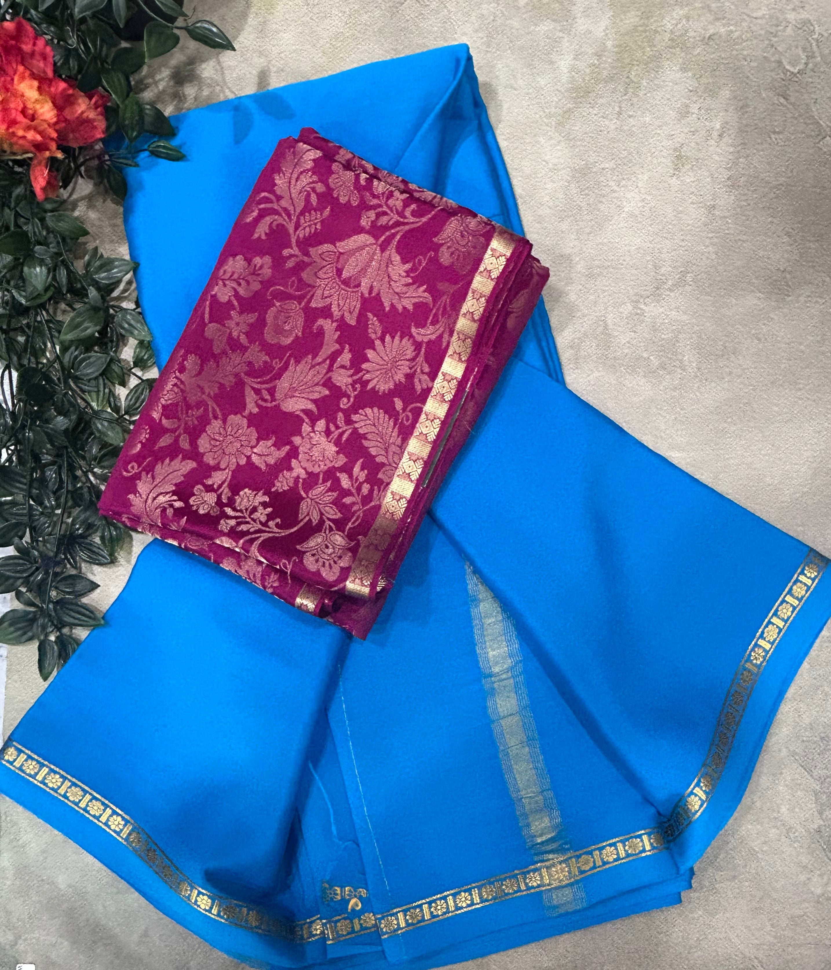 Blue plain pure mysore crepe silk saree with Mysore brocade blouse piece(MSM106)