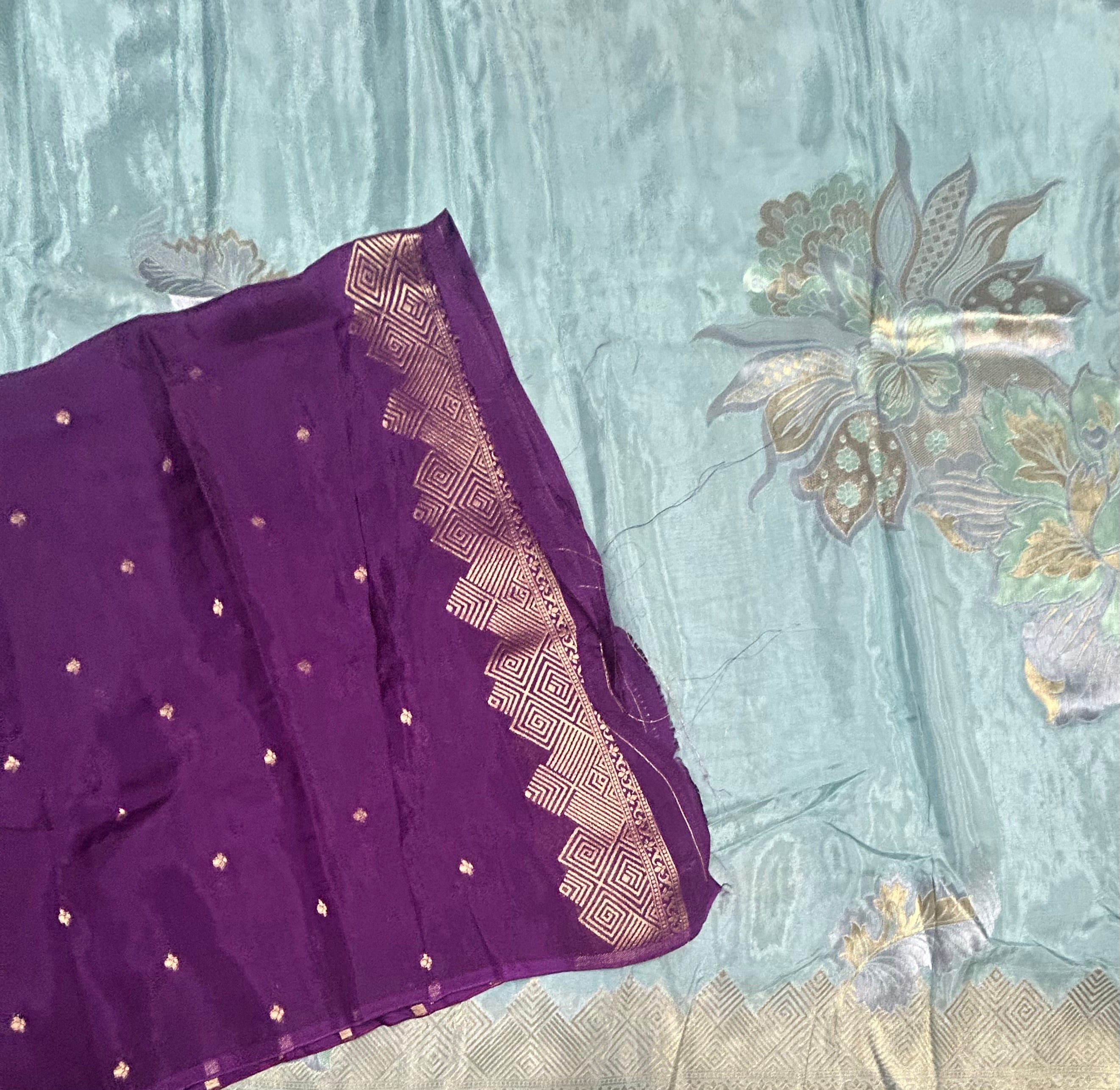 Pastel blue floral Butta semi Mysore crepe saree