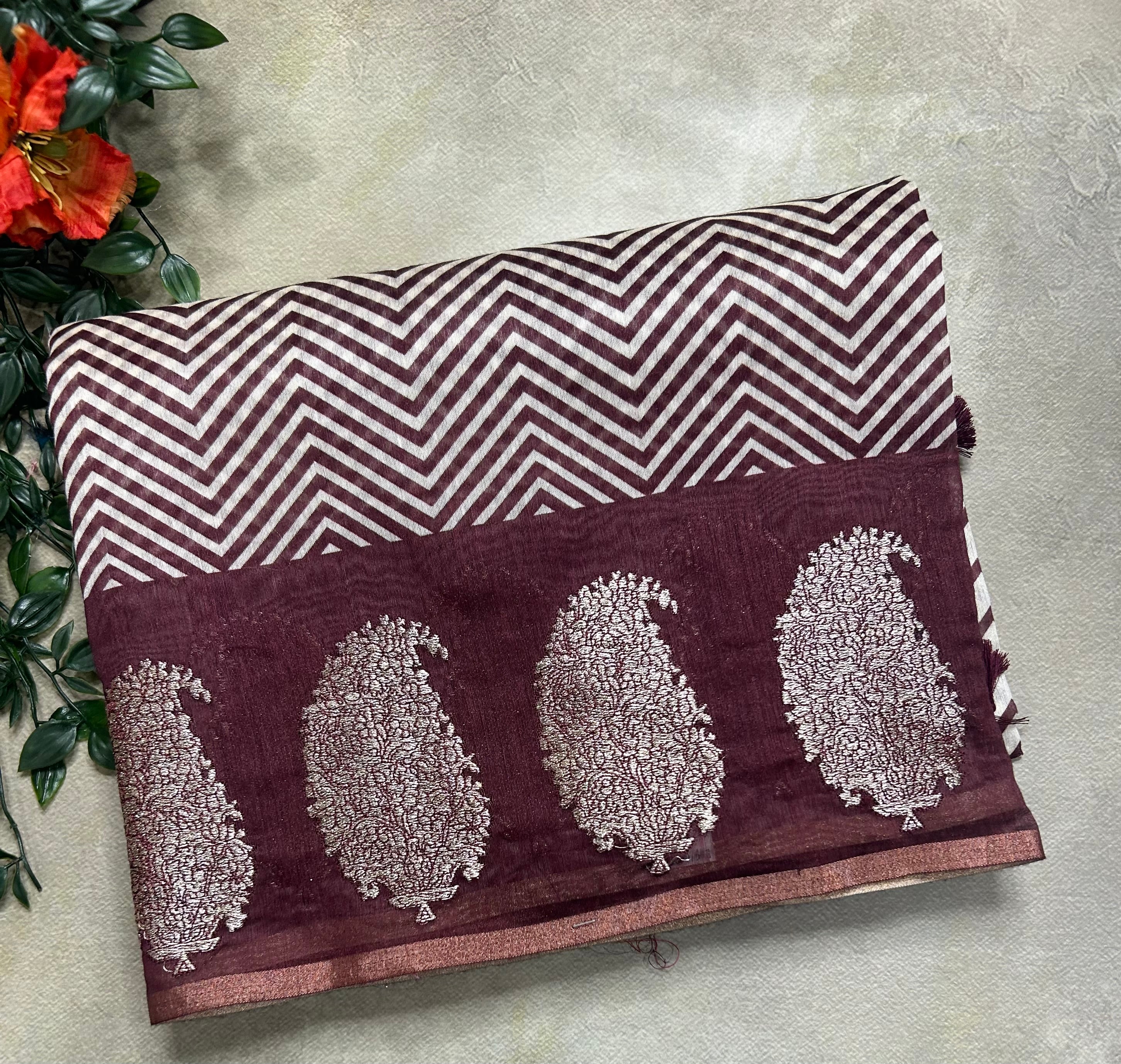 Brown border Butta soft Chanderi 105 saree