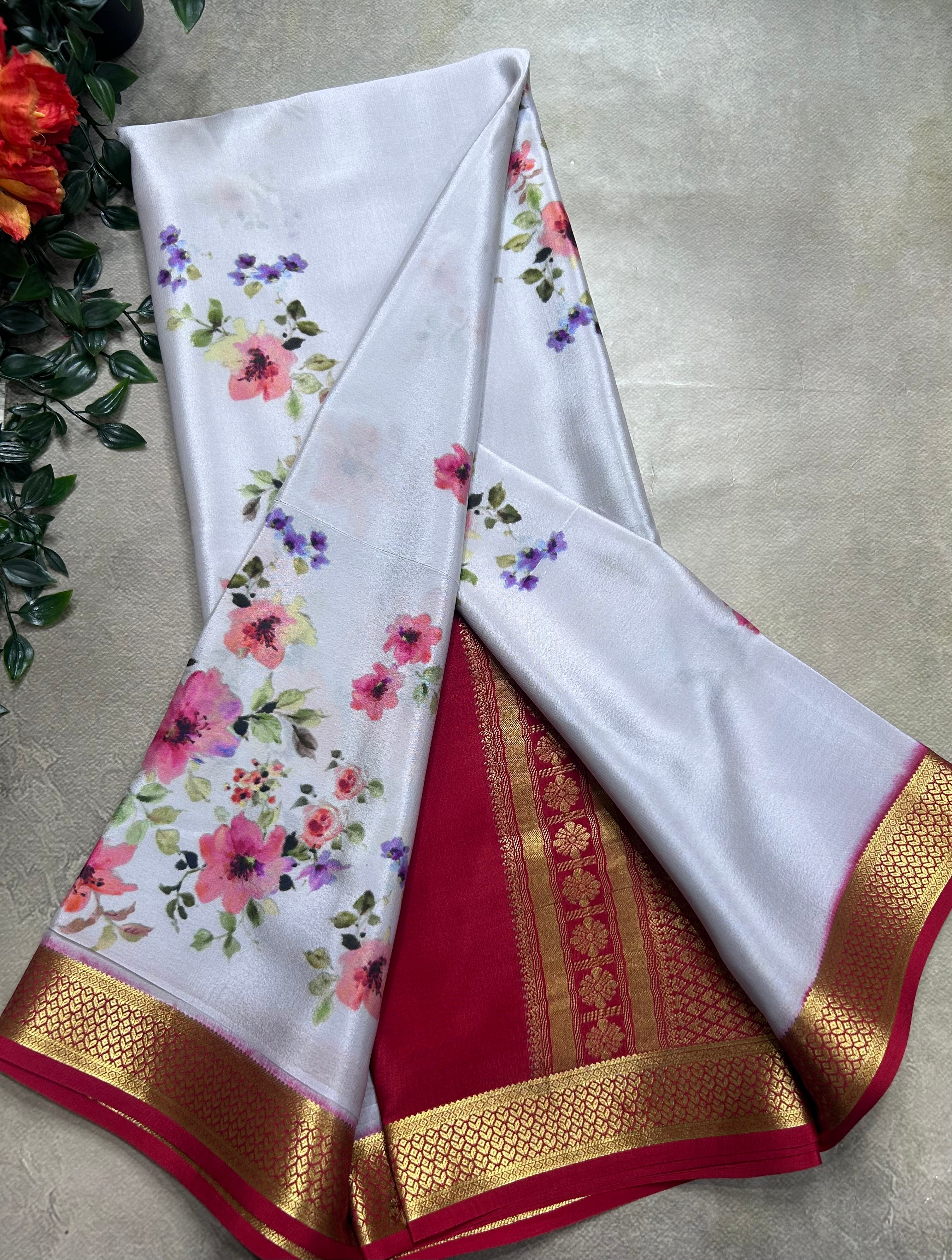 Light grey digital print pure mysore silk saree(DMS106)