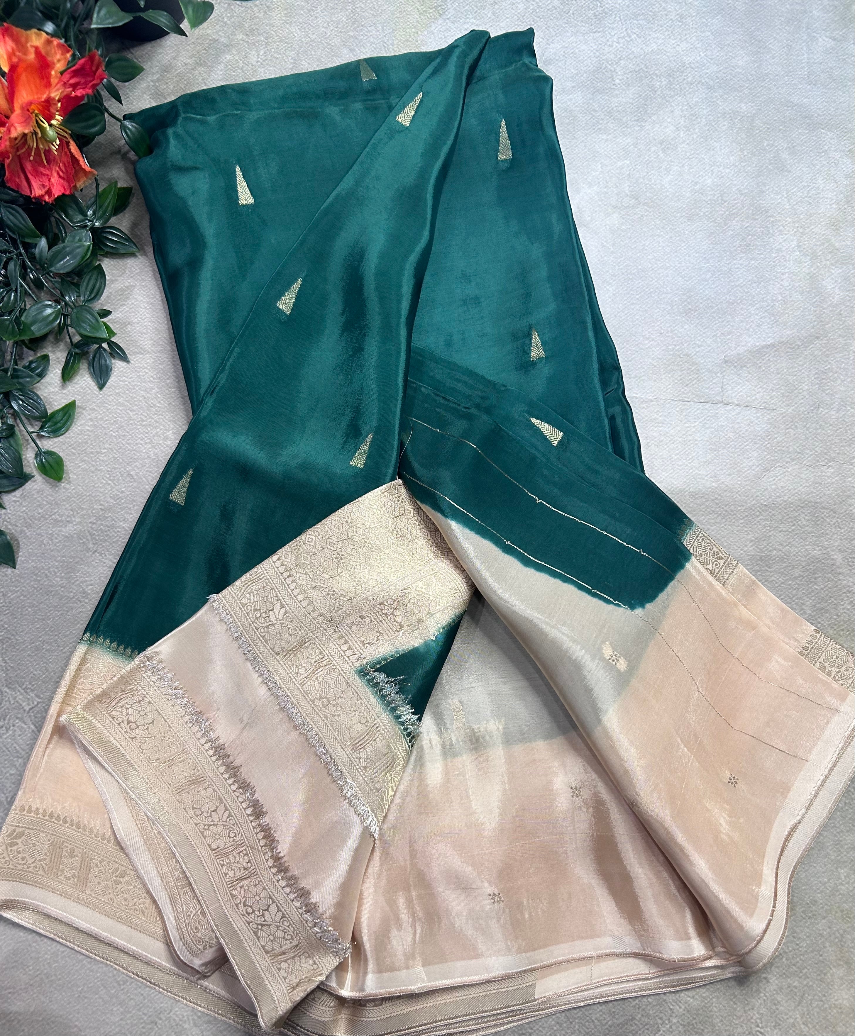 Bottle green contrast bentex border semi Mysore crepe 106 saree