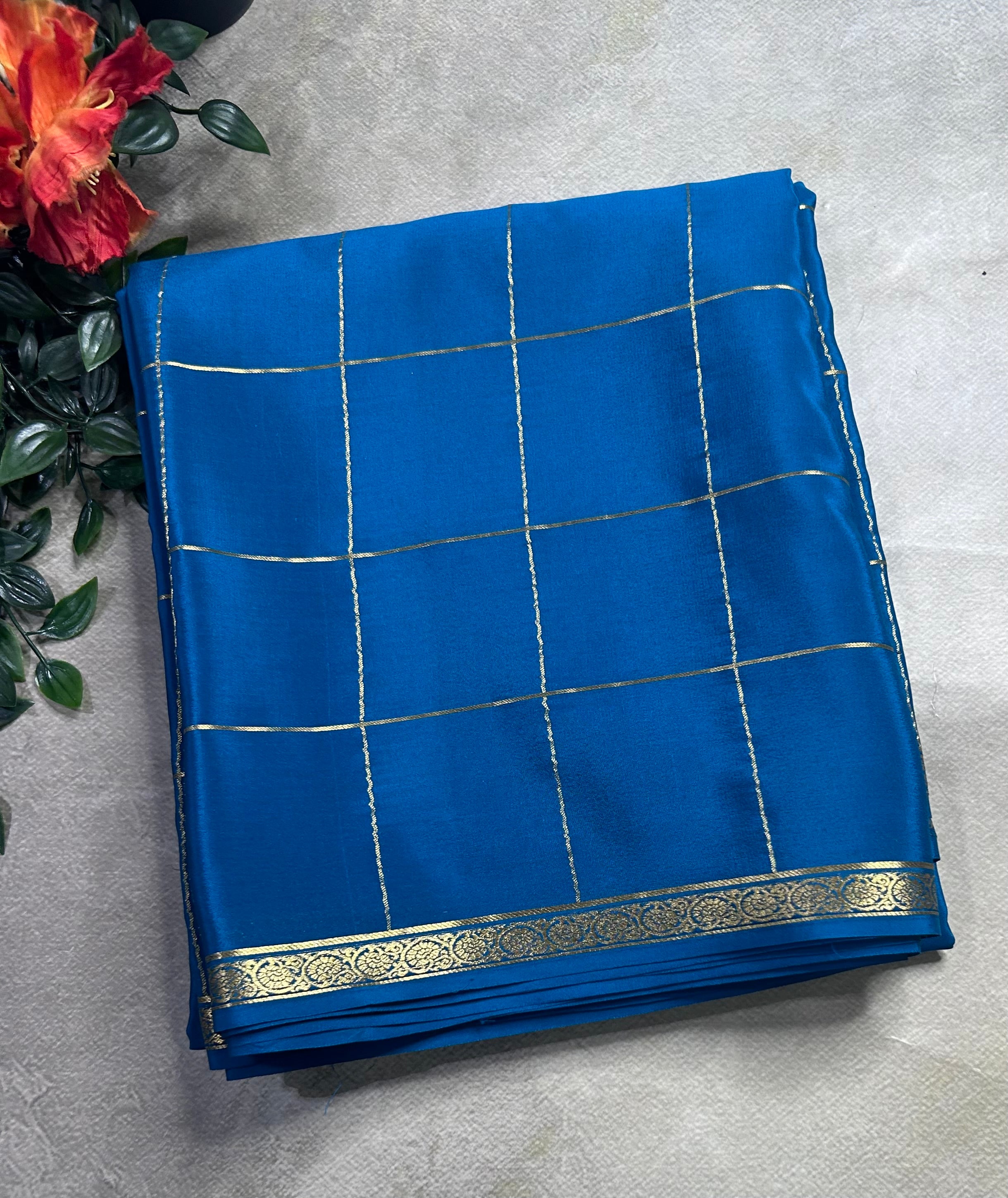 Dark Rama green  big checks pure Mysore silk 106 saree
