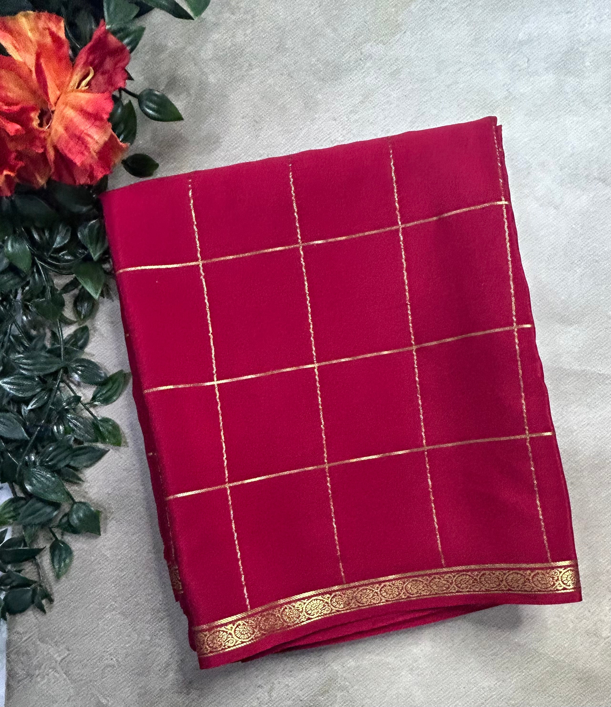 Red big checks pure Mysore silk 106 saree