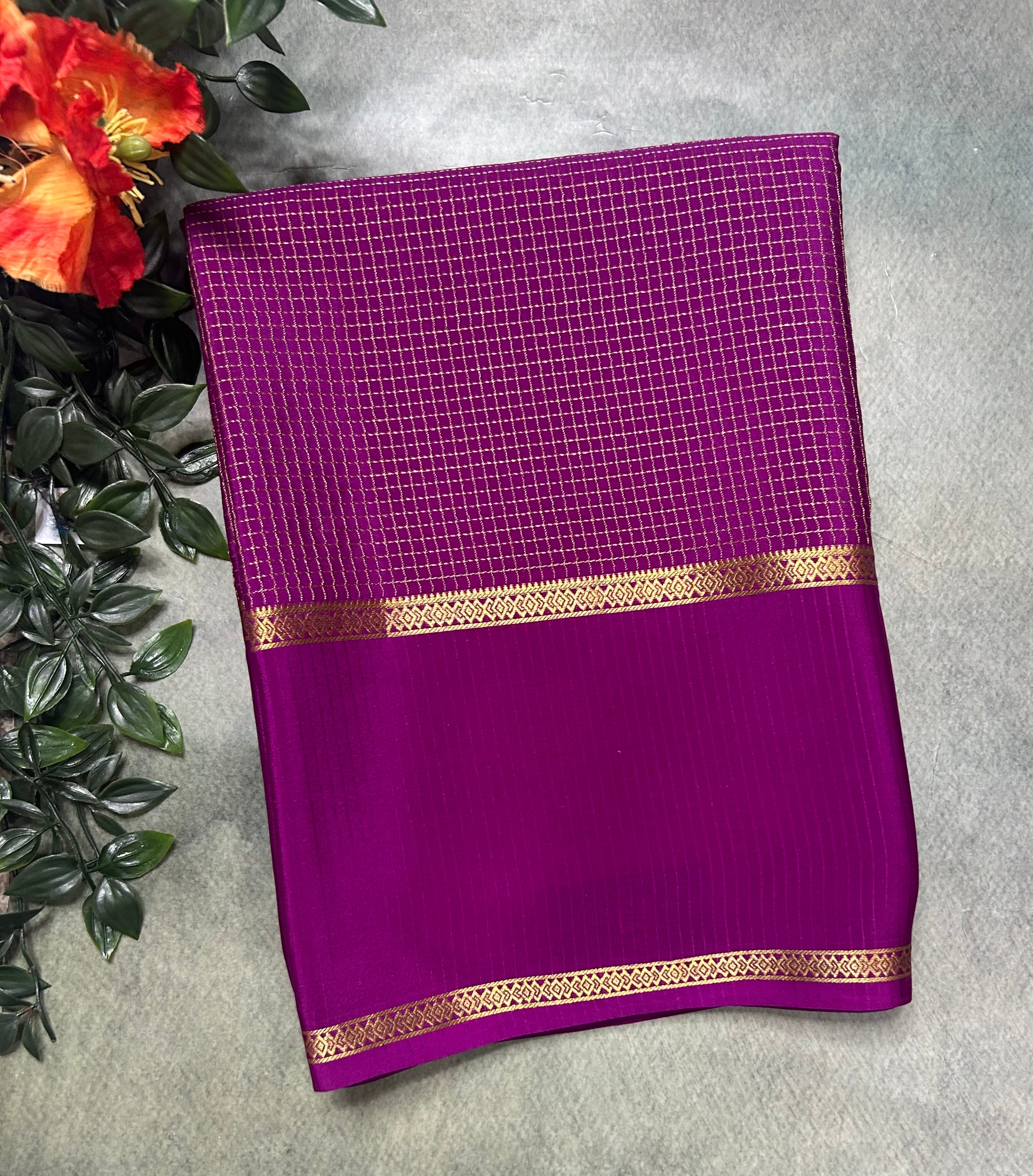 Purple small checks n bentex border pure Mysore silk 105 saree