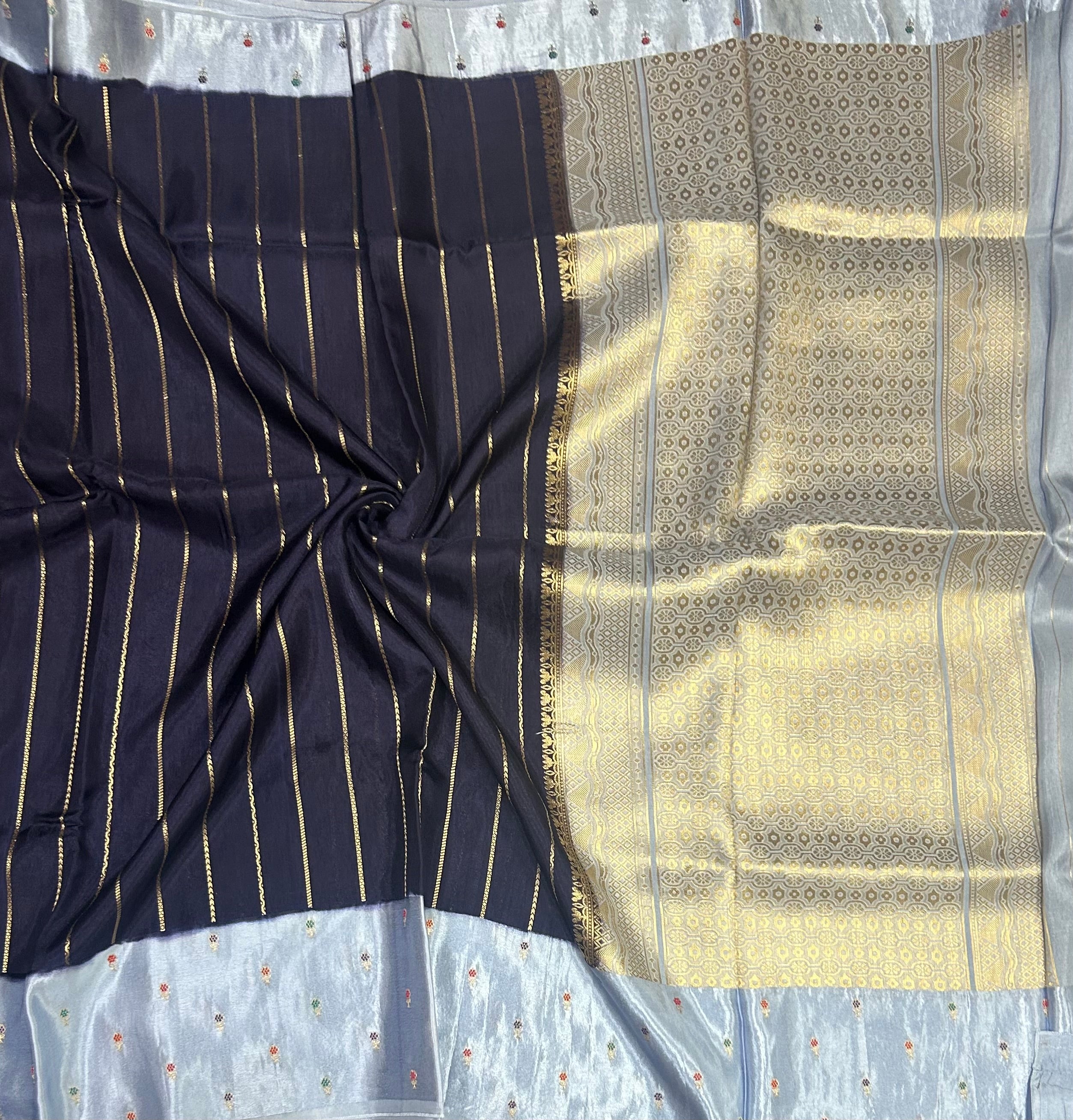 Navy blue contrast satin border semi Mysore crepe 105 saree