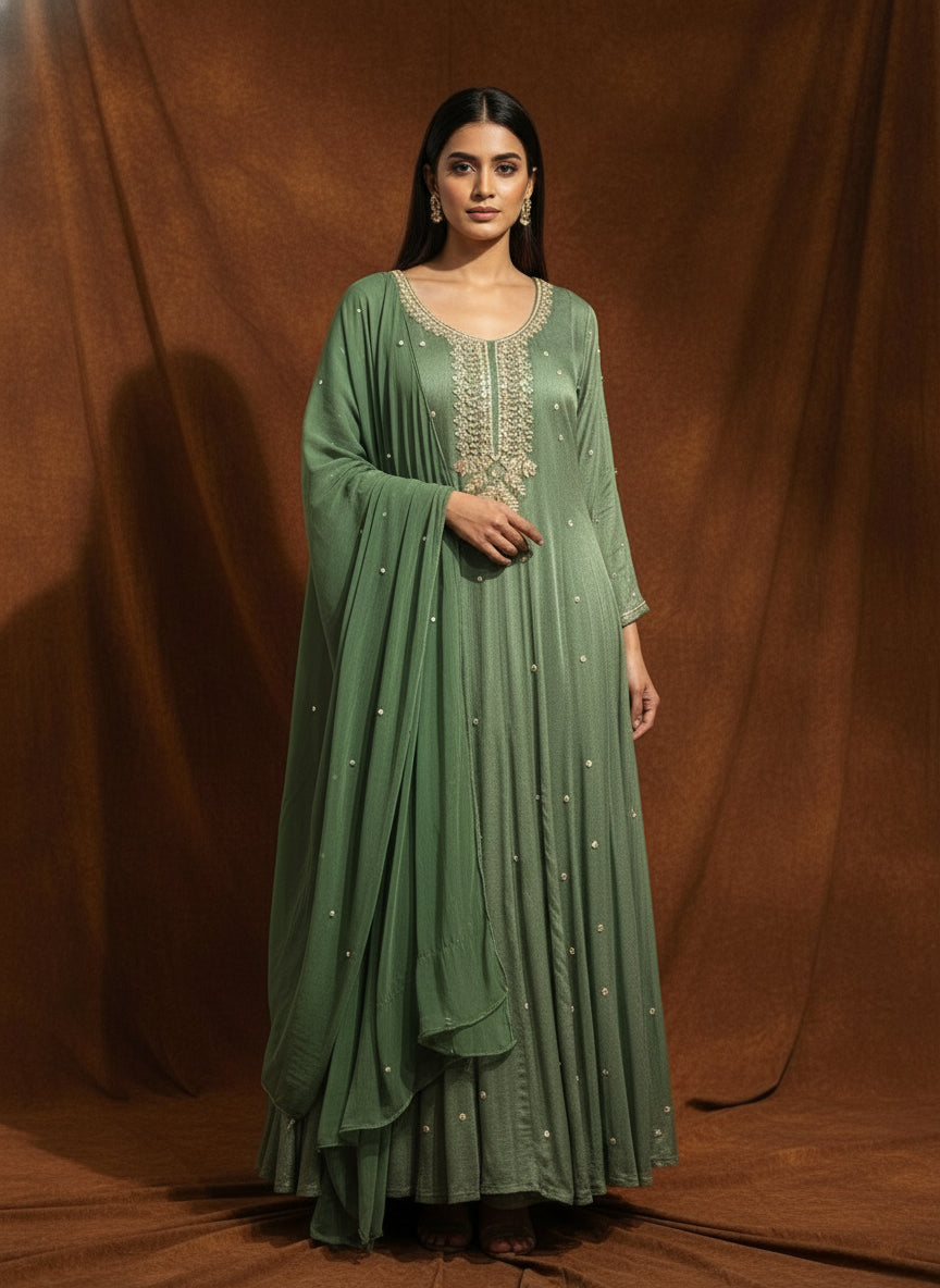 Green Anarkali Chinnon Hand Embroidery Kurtha 567