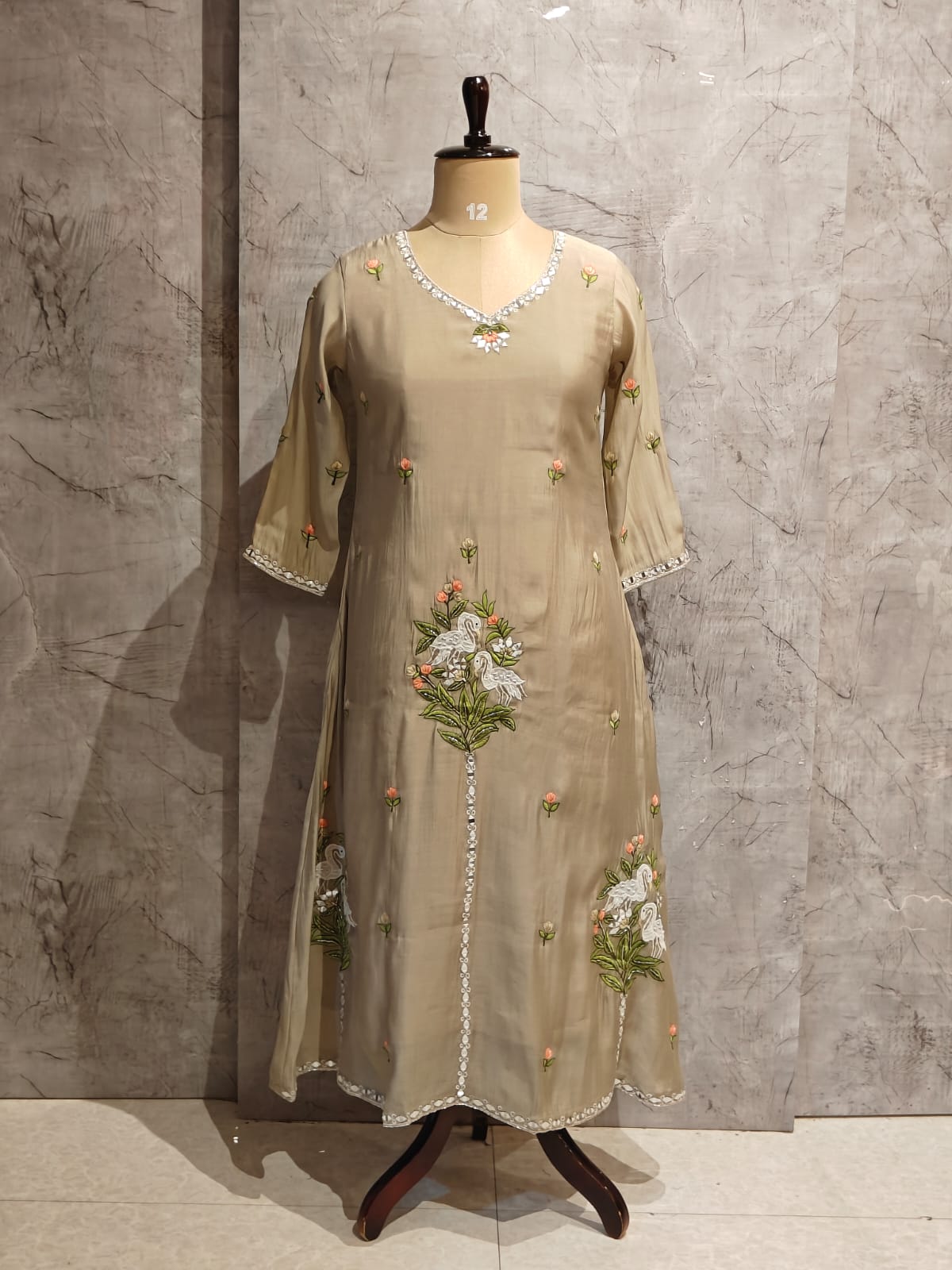 Greyish Green  Mul Chanderi Thread Embroidery Airline Kurtha 63