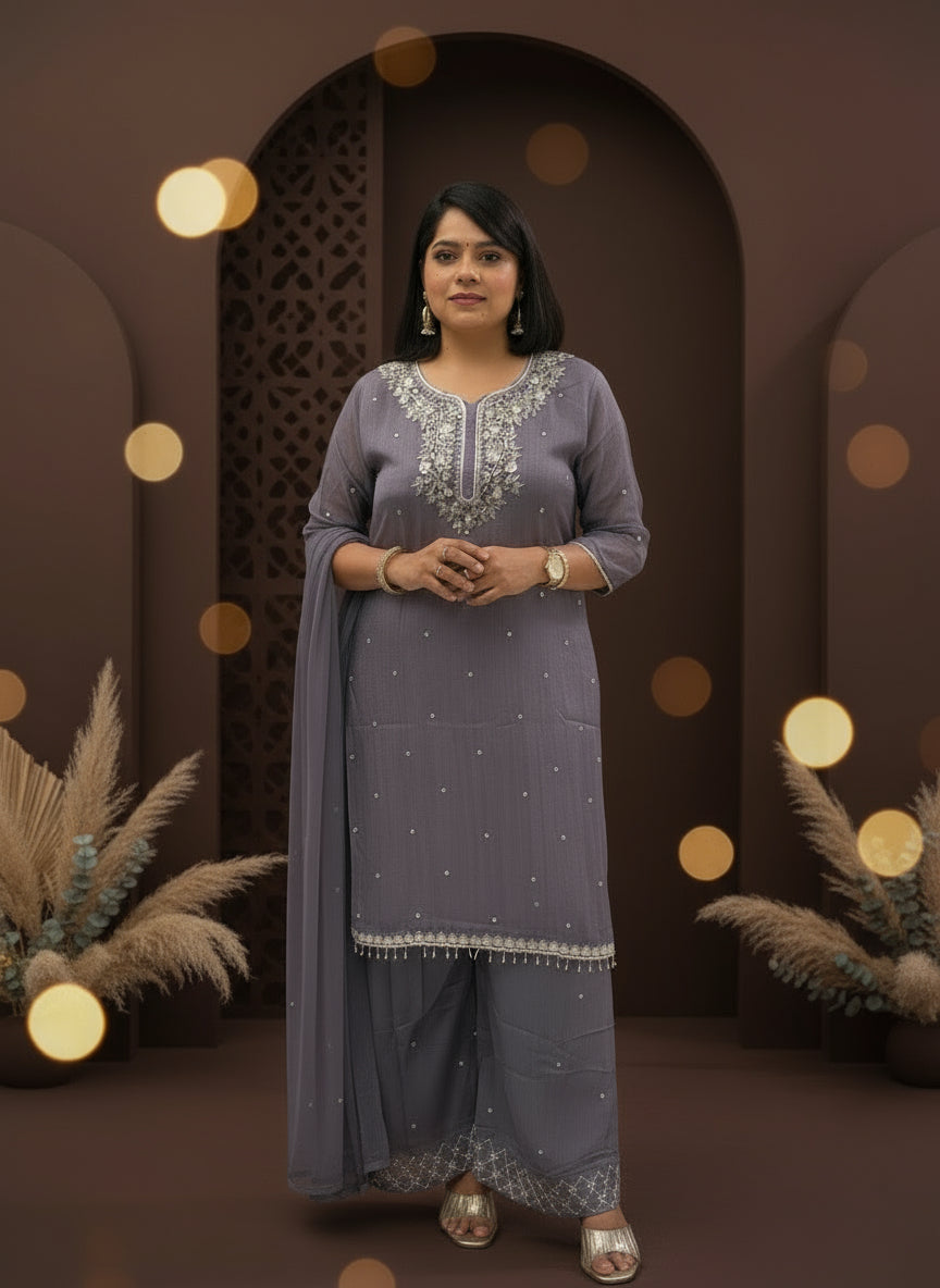 Purple Chinnon Hand Embroidery Sharara Kurtha 301