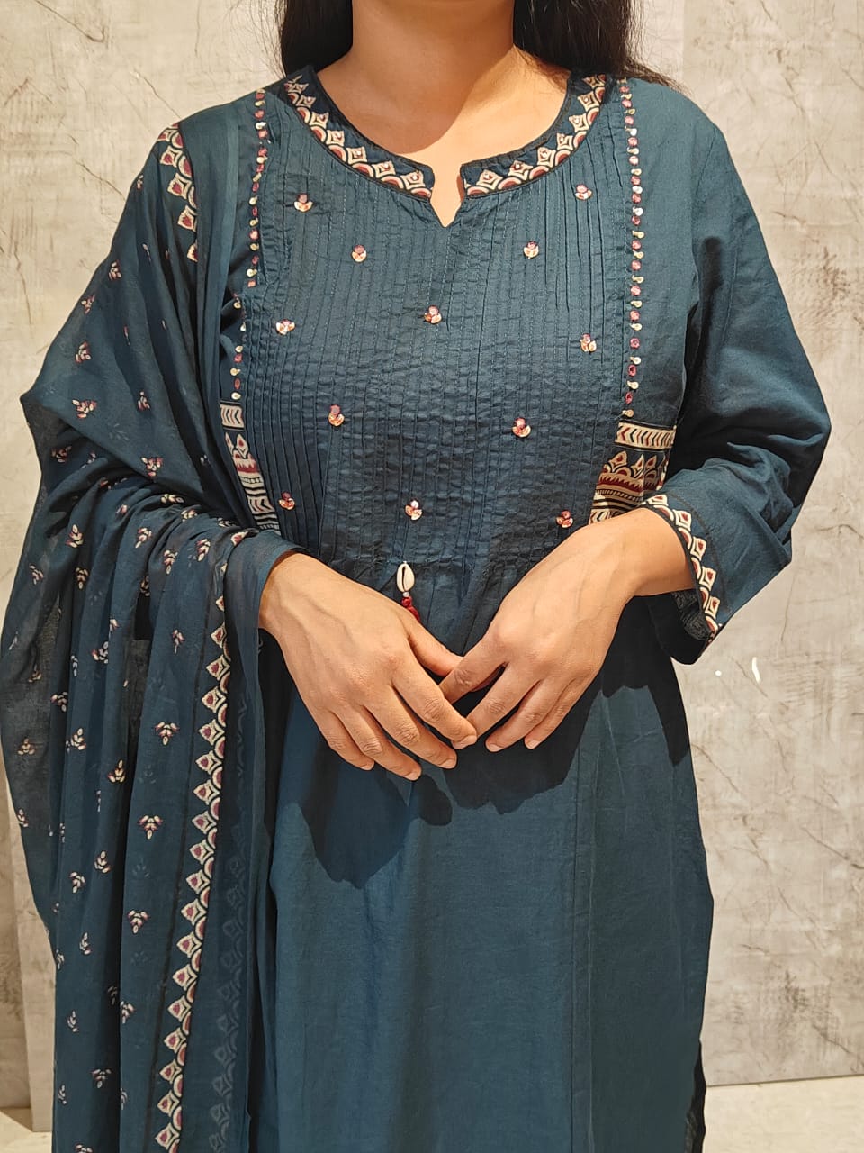 Steal Blue Cotton Embroidery Straight Fit Kurtha 606