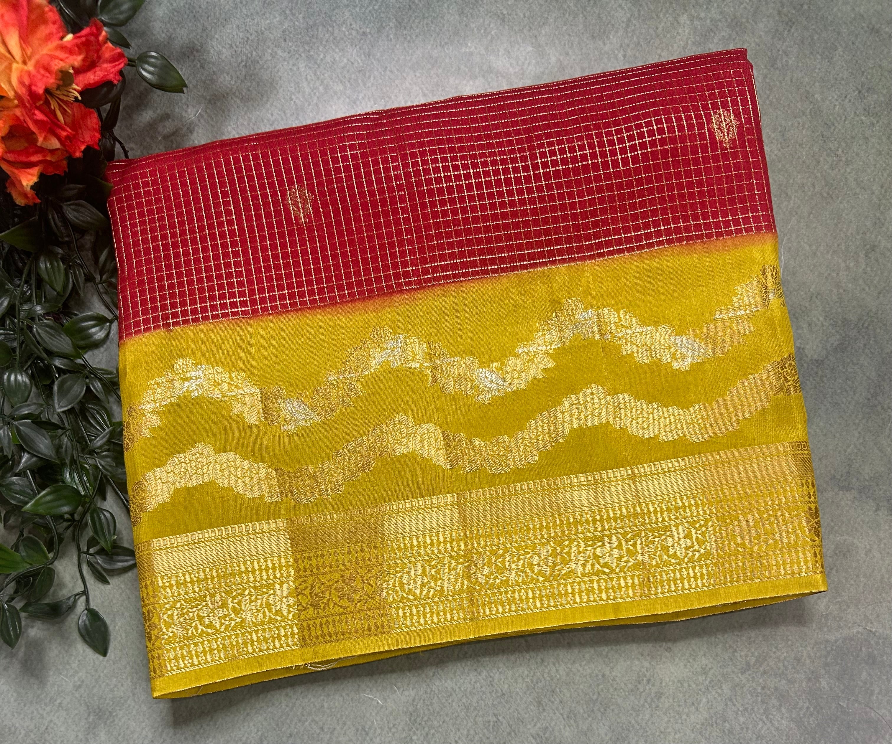Red small checks semi Mysore 105 saree
