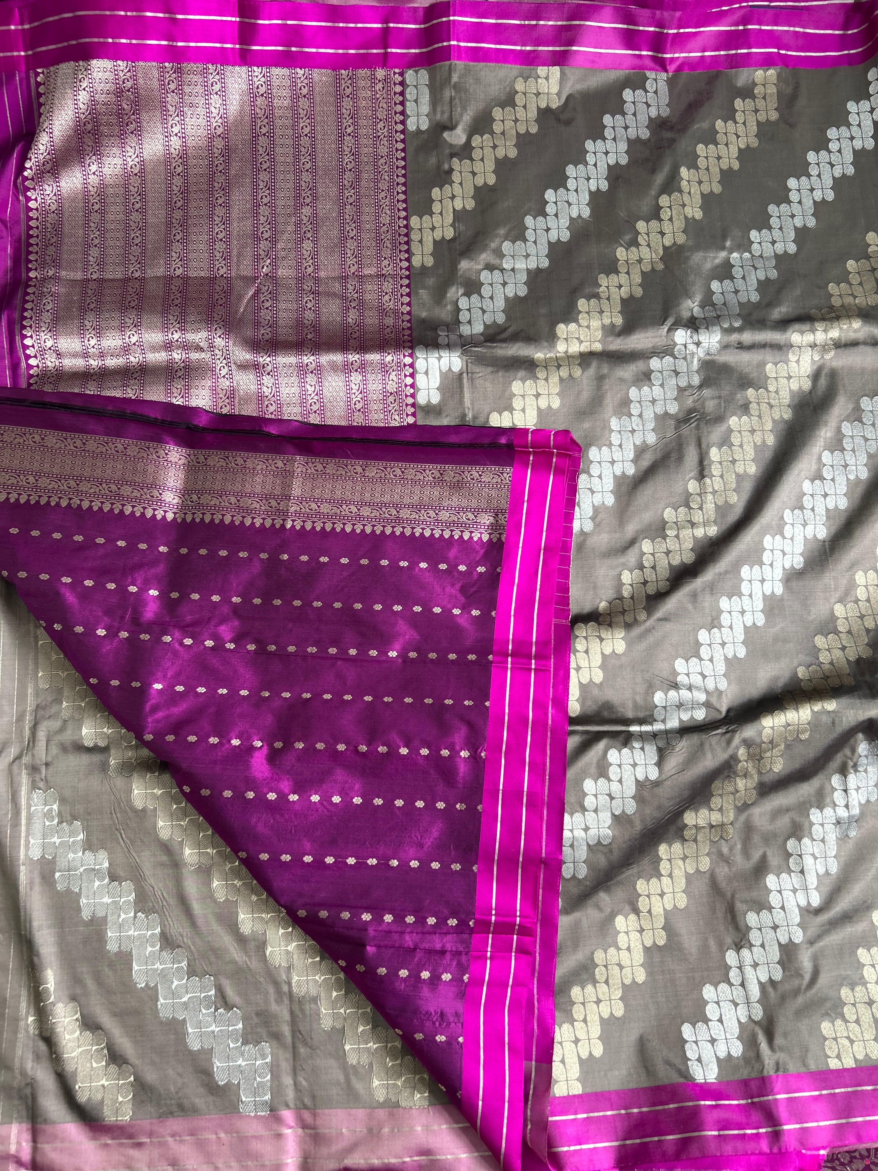Grey n Magenta Pure Banarasi Kathan 106 Silk Saree