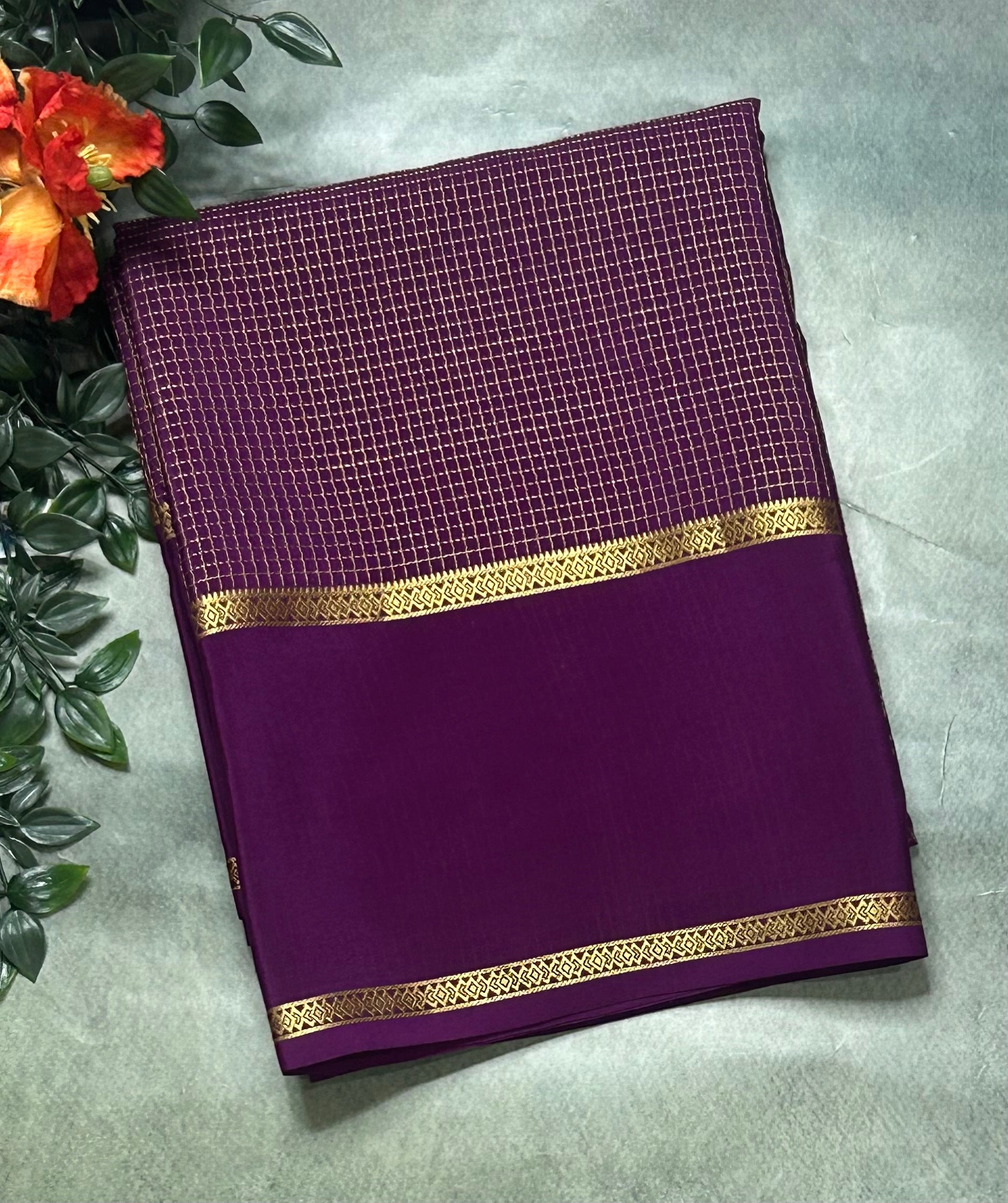 Dark Purple small checks n bentex border pure Mysore silk 105 saree