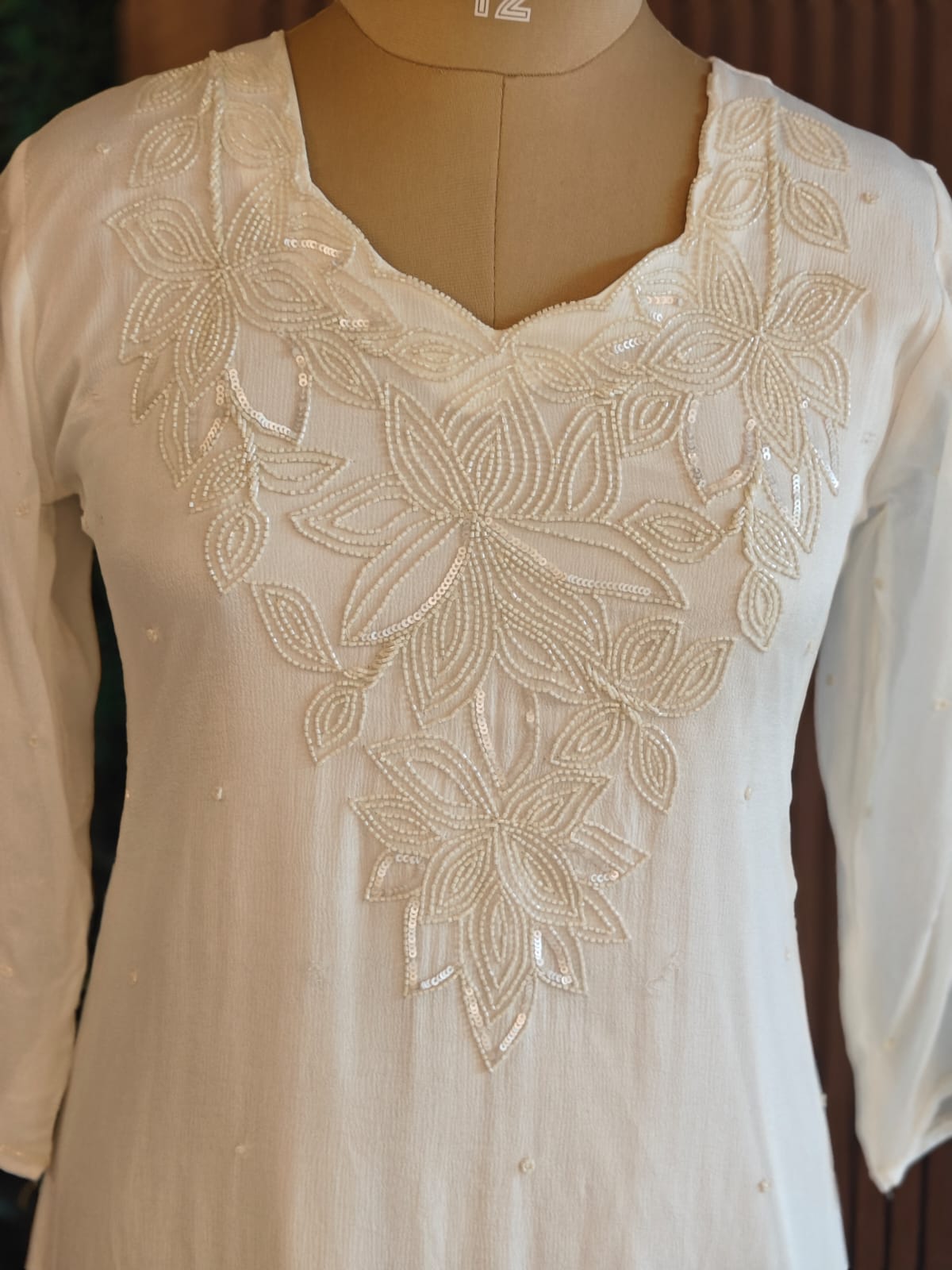 White Anarkali Chinnon Handwork Partyware Kurtha 567