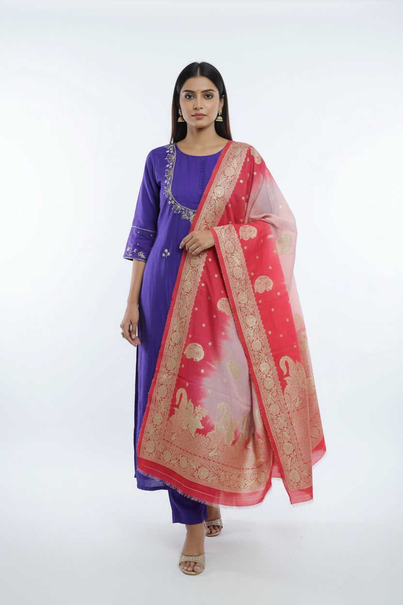 Purple Mul Chanderi Hand Embroidery A Line Kurtha 686