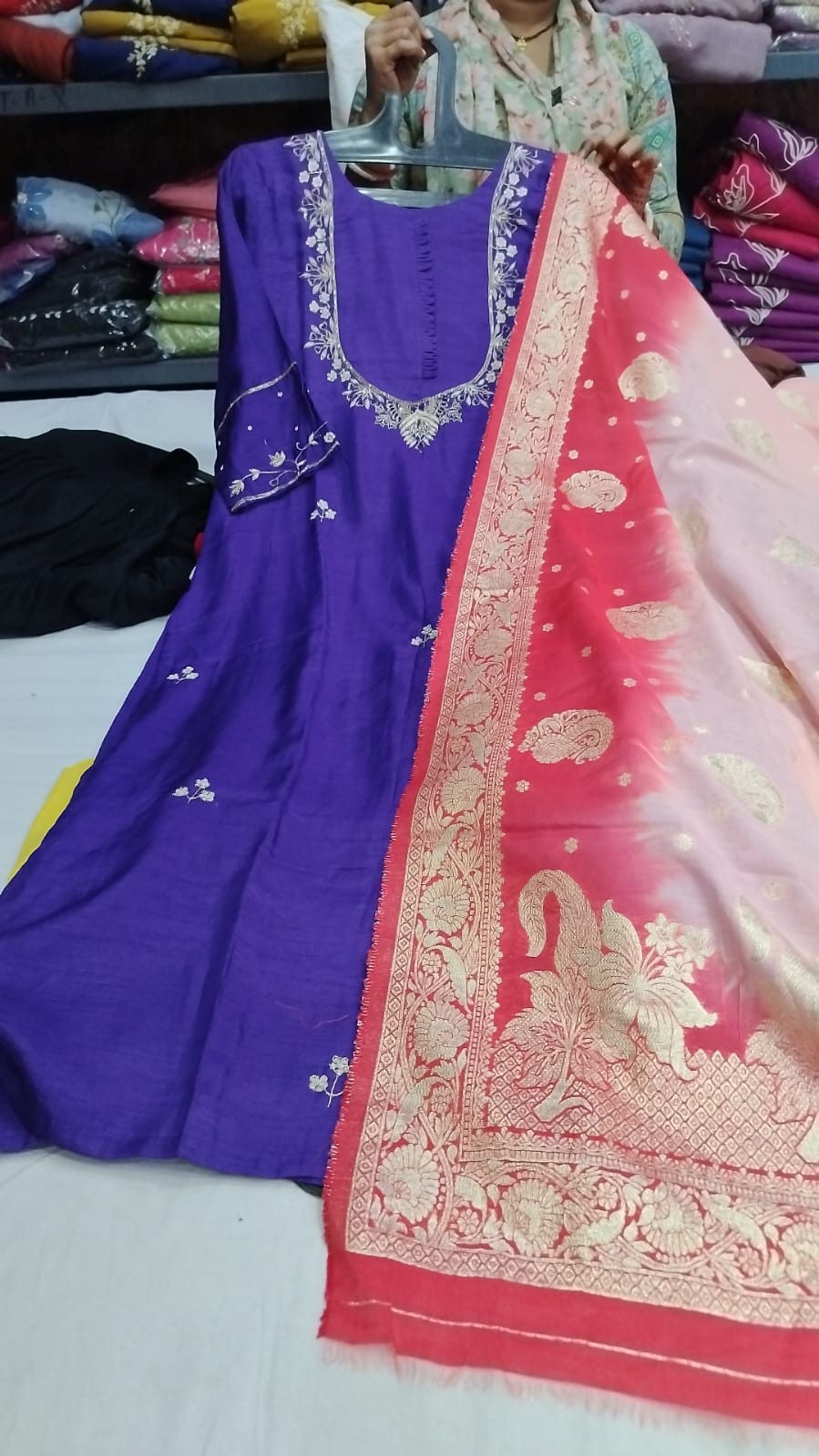 Purple Mul Chanderi Hand Embroidery A Line Kurtha 686