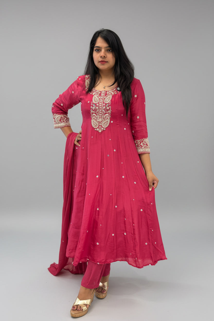 Pink Anarkali Chinnon Hand Embroidery Kurtha 567