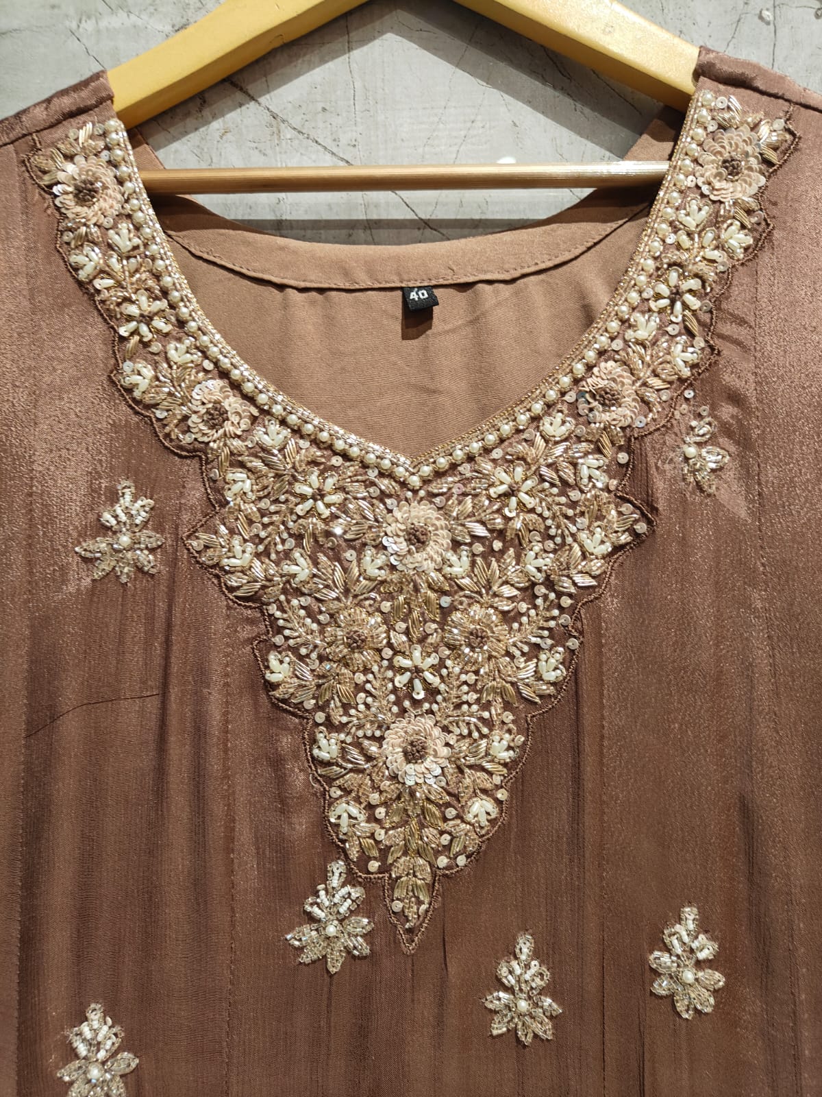 LIGHT BROWN Anarkali chinnon handwork party ware Kurtha 567
