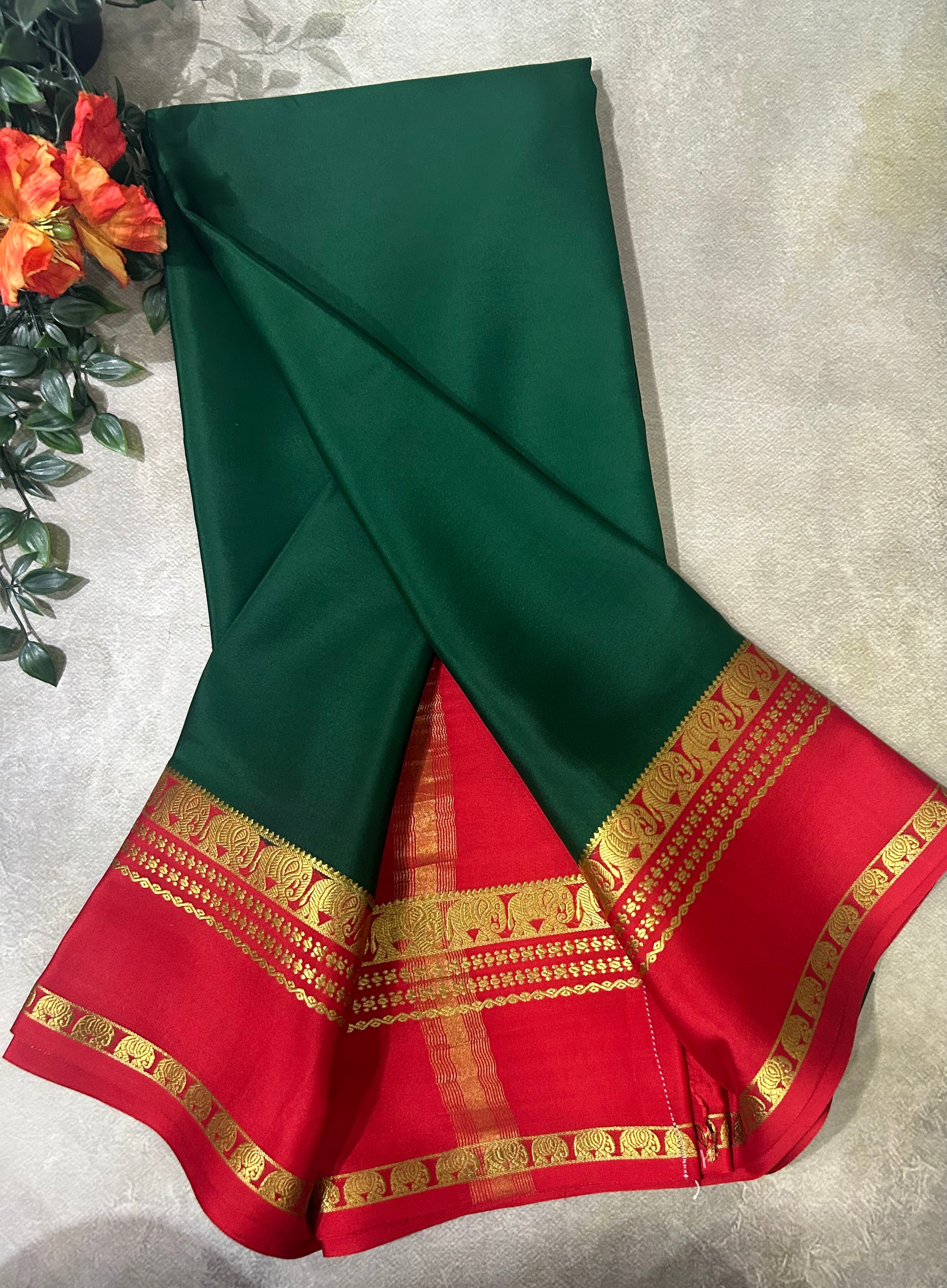 Bottle green bentex border pure Mysore silk 104 saree