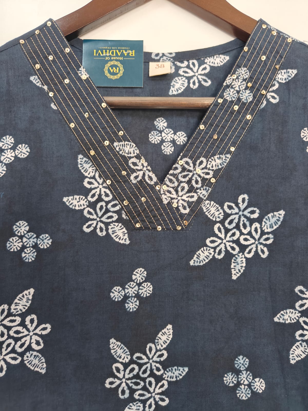 Navy Blue Cotton Block Print Straight Fit Kurtha