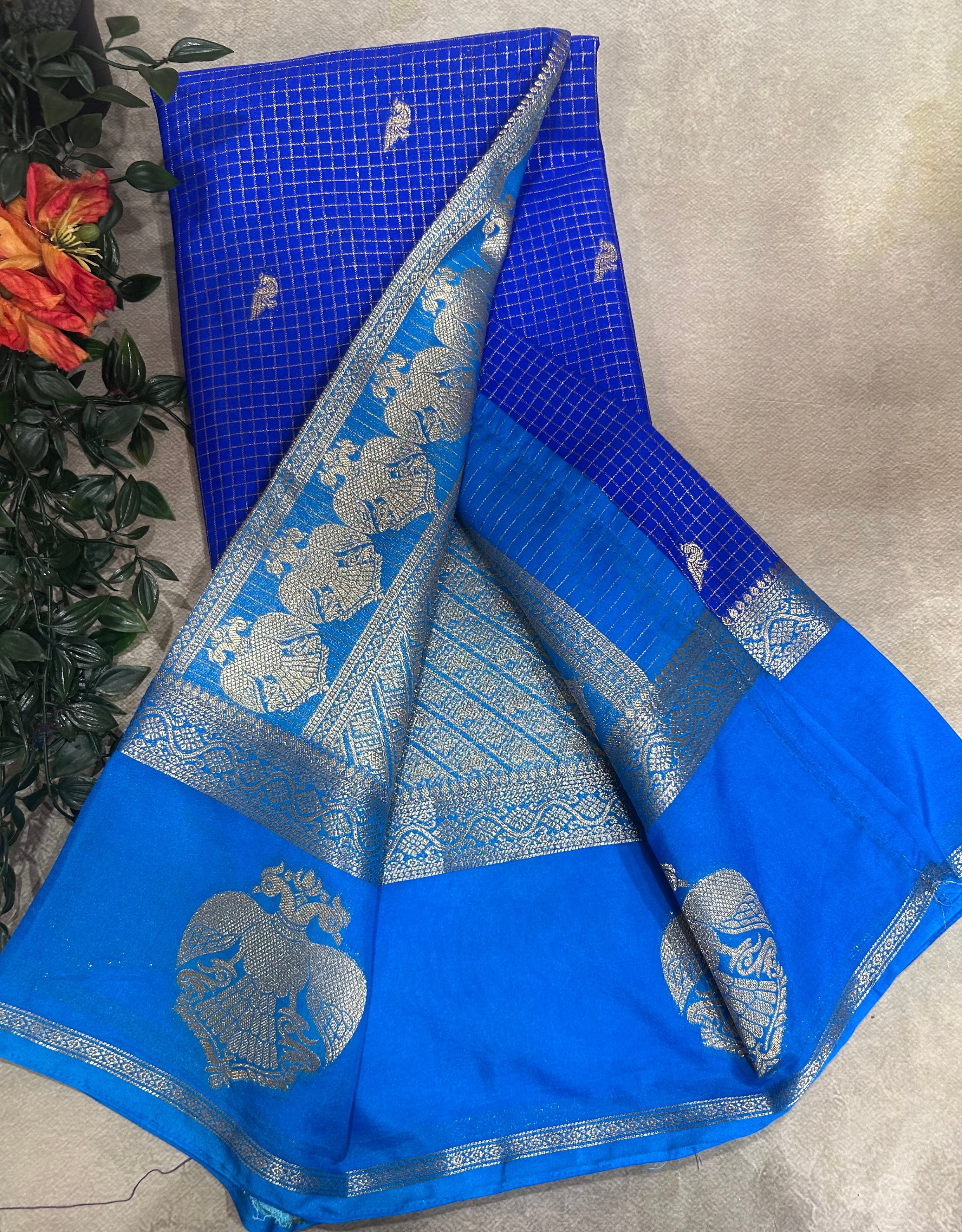 Royal blue gandaberunda border semi Mysore crepe 106 saree