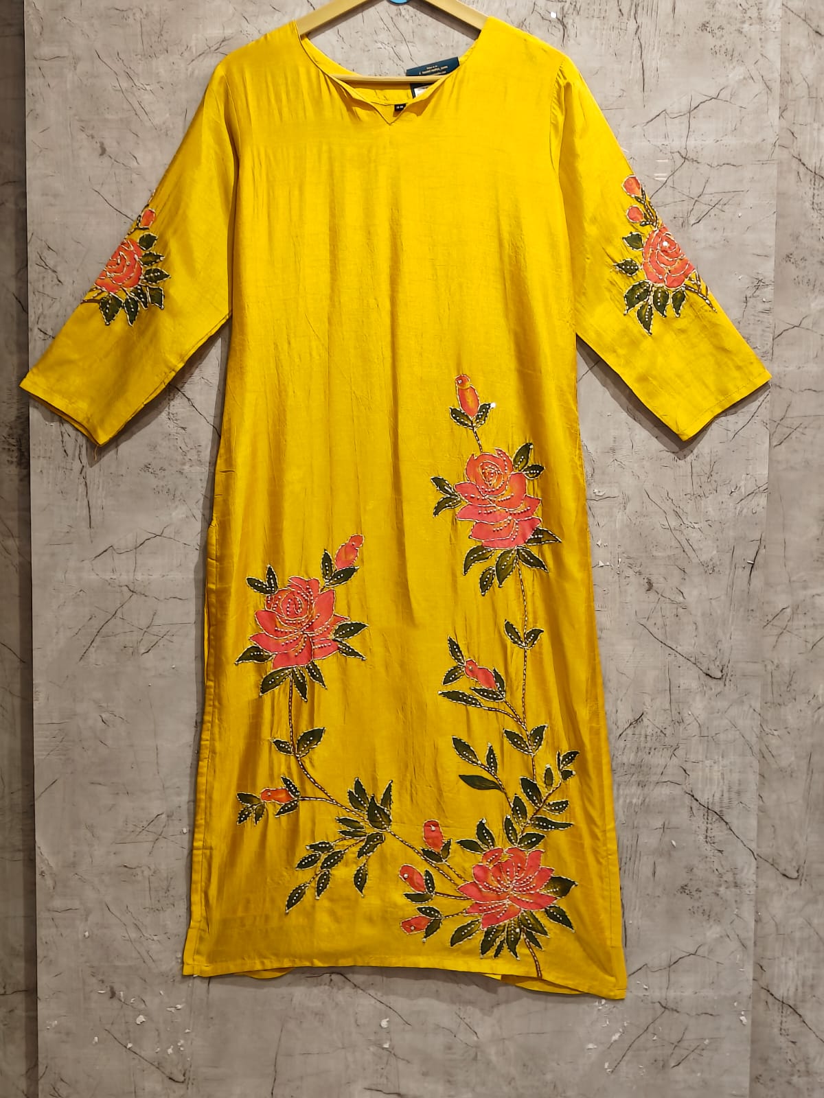 Yellow Dola Silk embroidery Kurtha set