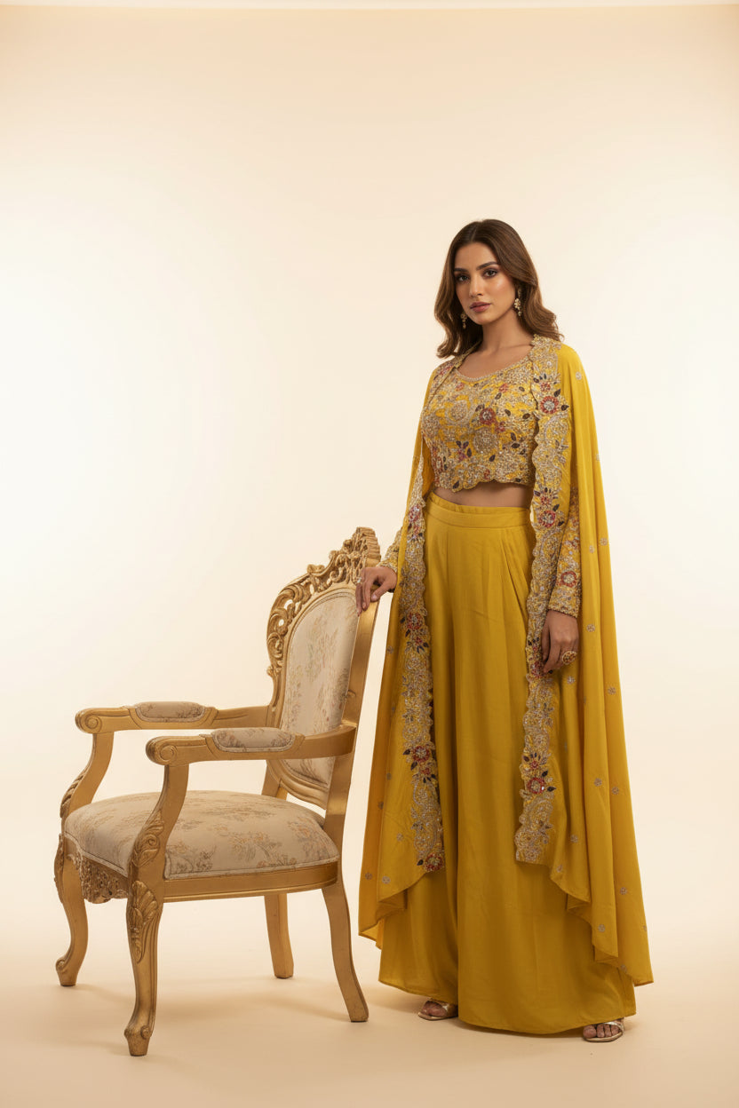 “Pari" Yellow Indo-western handwork Top, Skirt and Cape kurtha 42