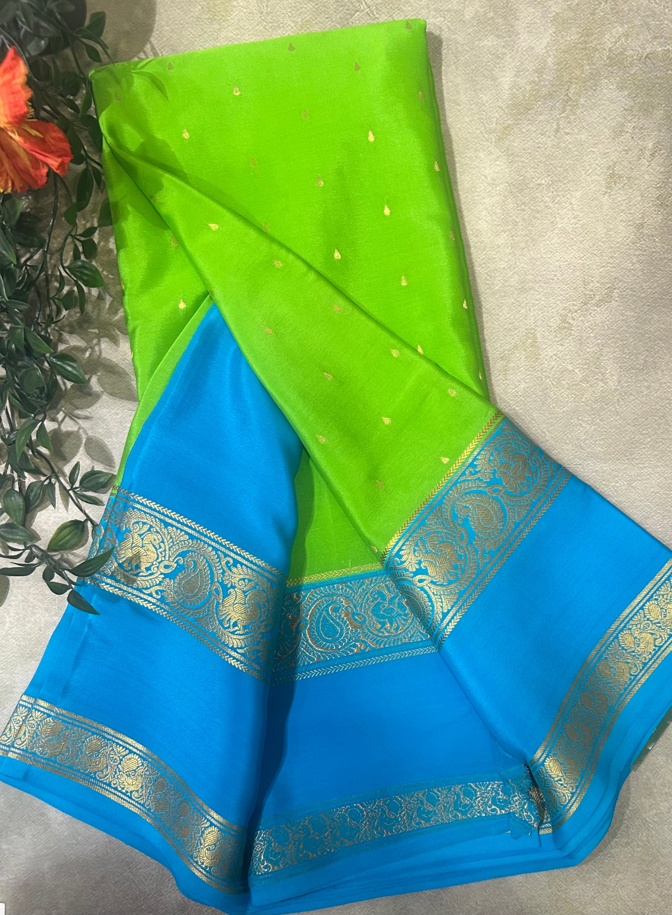 Parrot green bentex border pure Mysore silk 105 saree