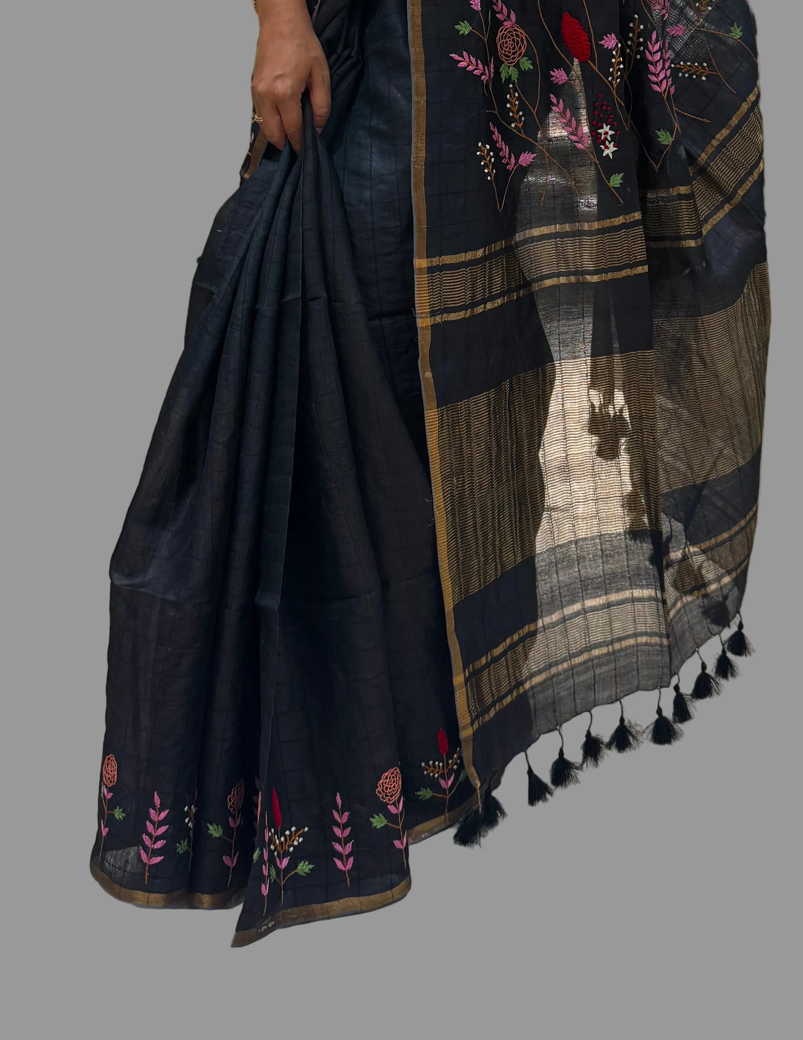 Black checks pure Tussar embroidery work saree