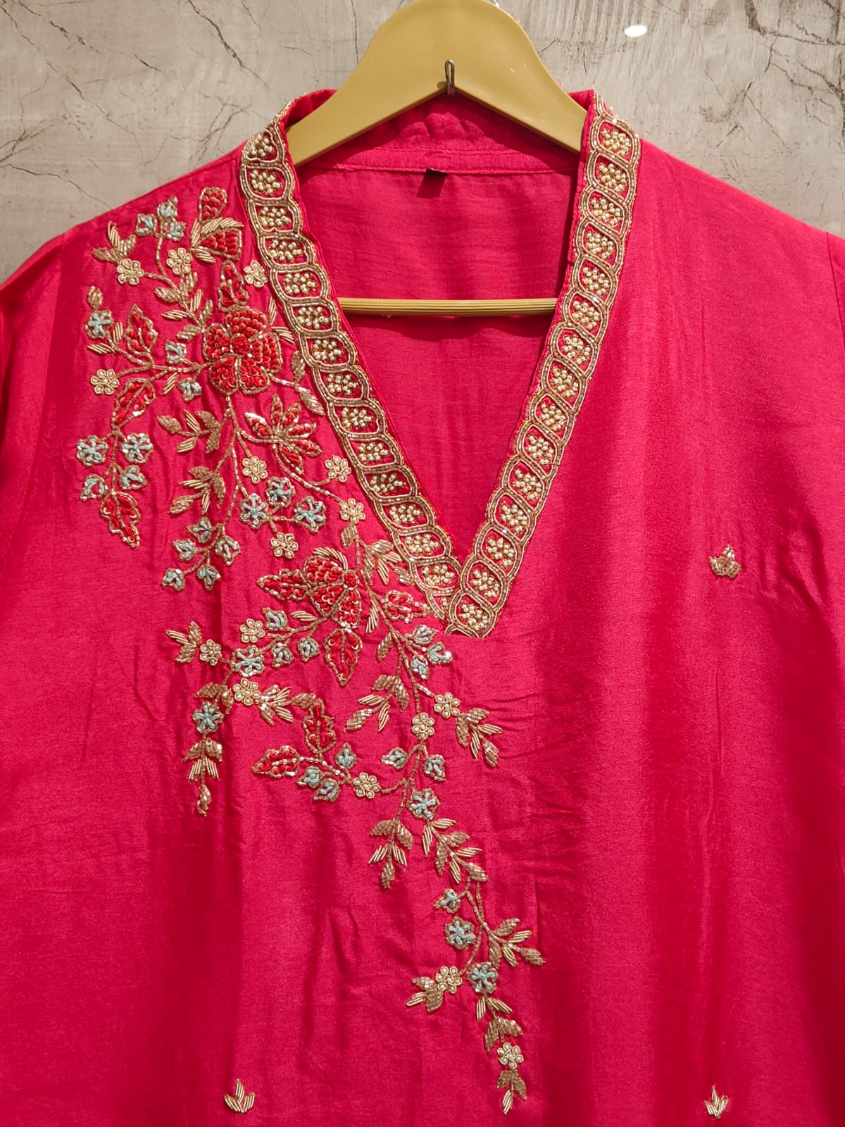 Pink Dola 05 silk Kurtha with Pearl handwork embriodery work