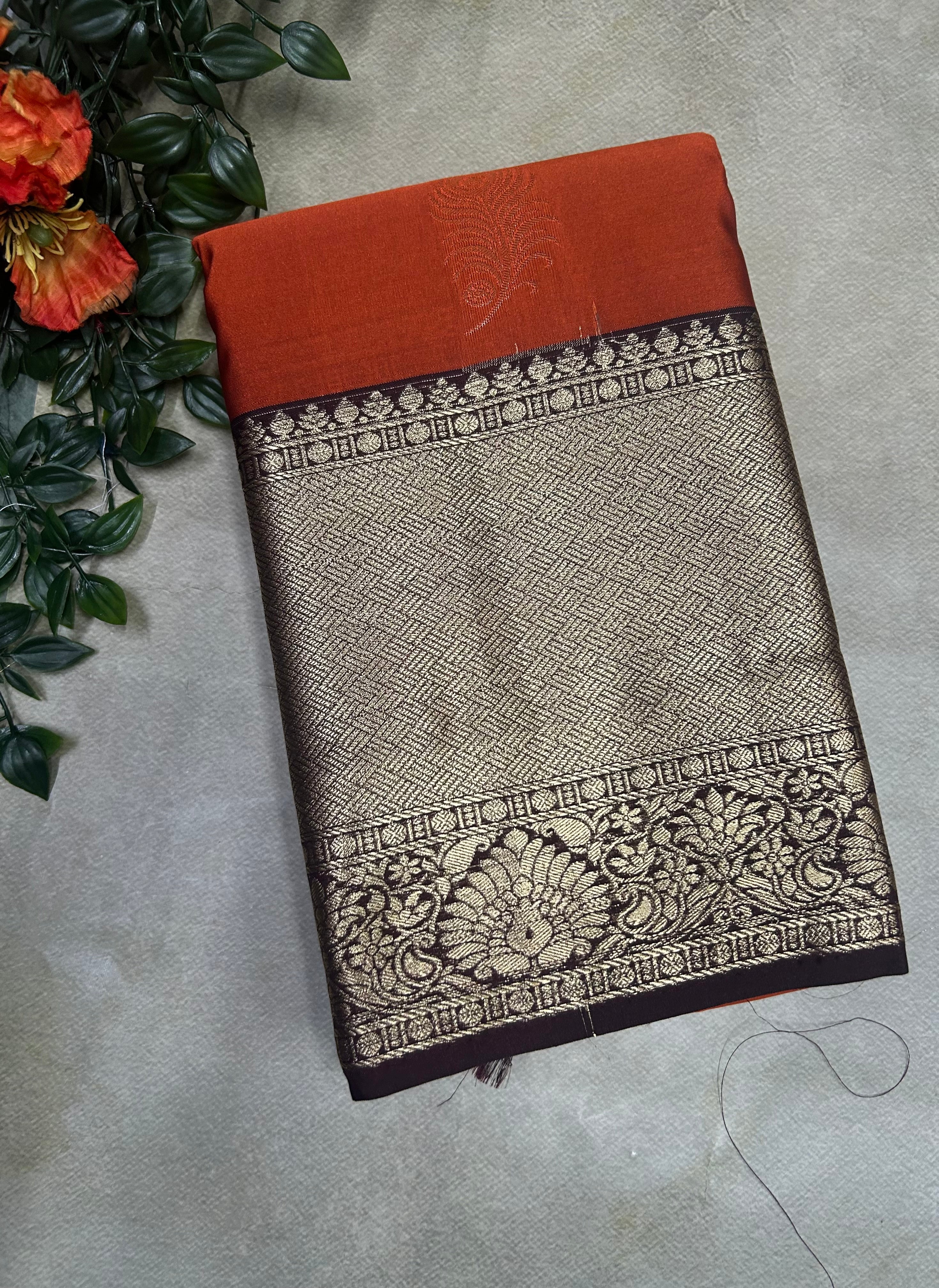 Rust orange long border semi Kanchi-105 saree