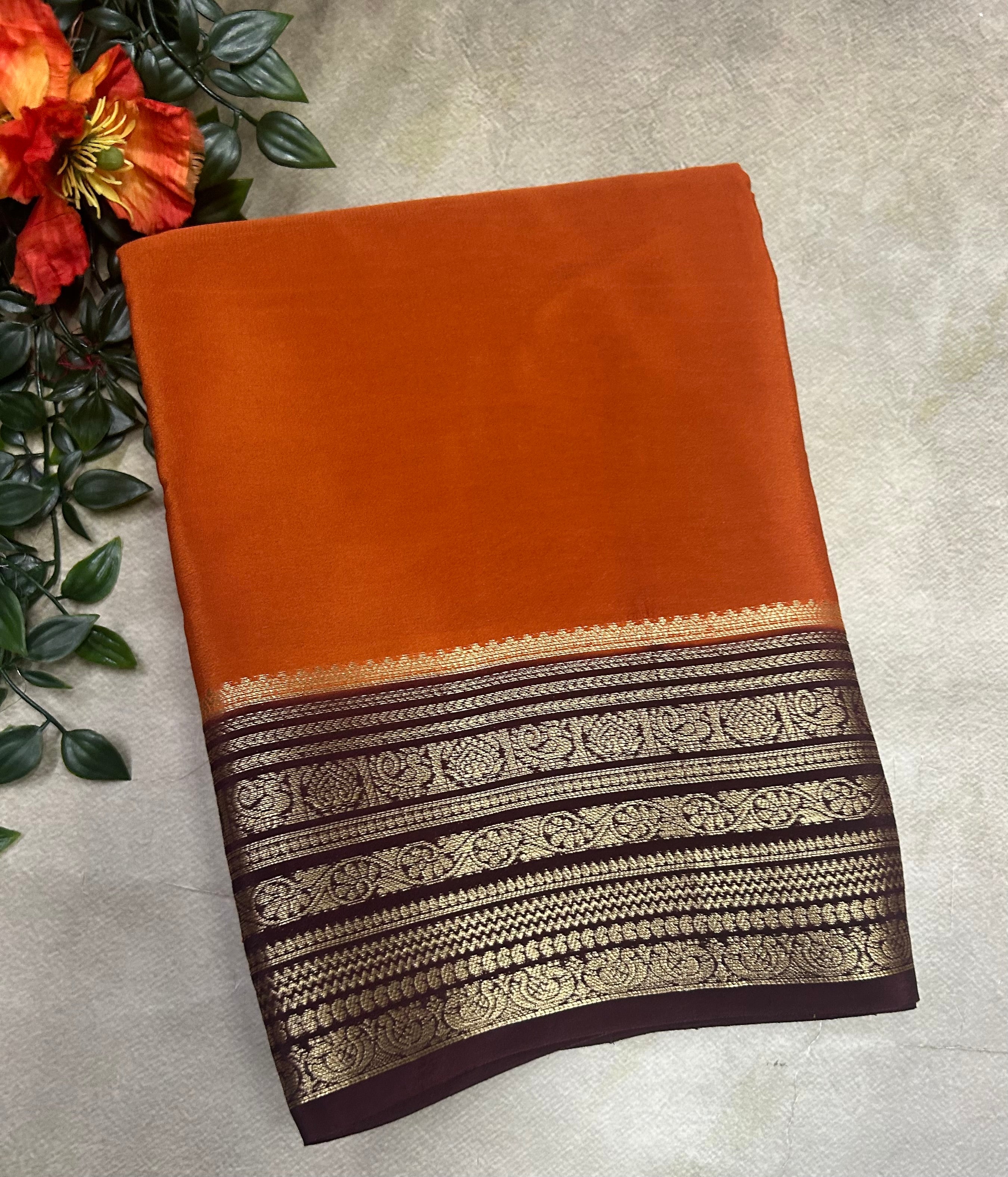 Rust orange n brown plain semi Mysore crepe silk 105 saree