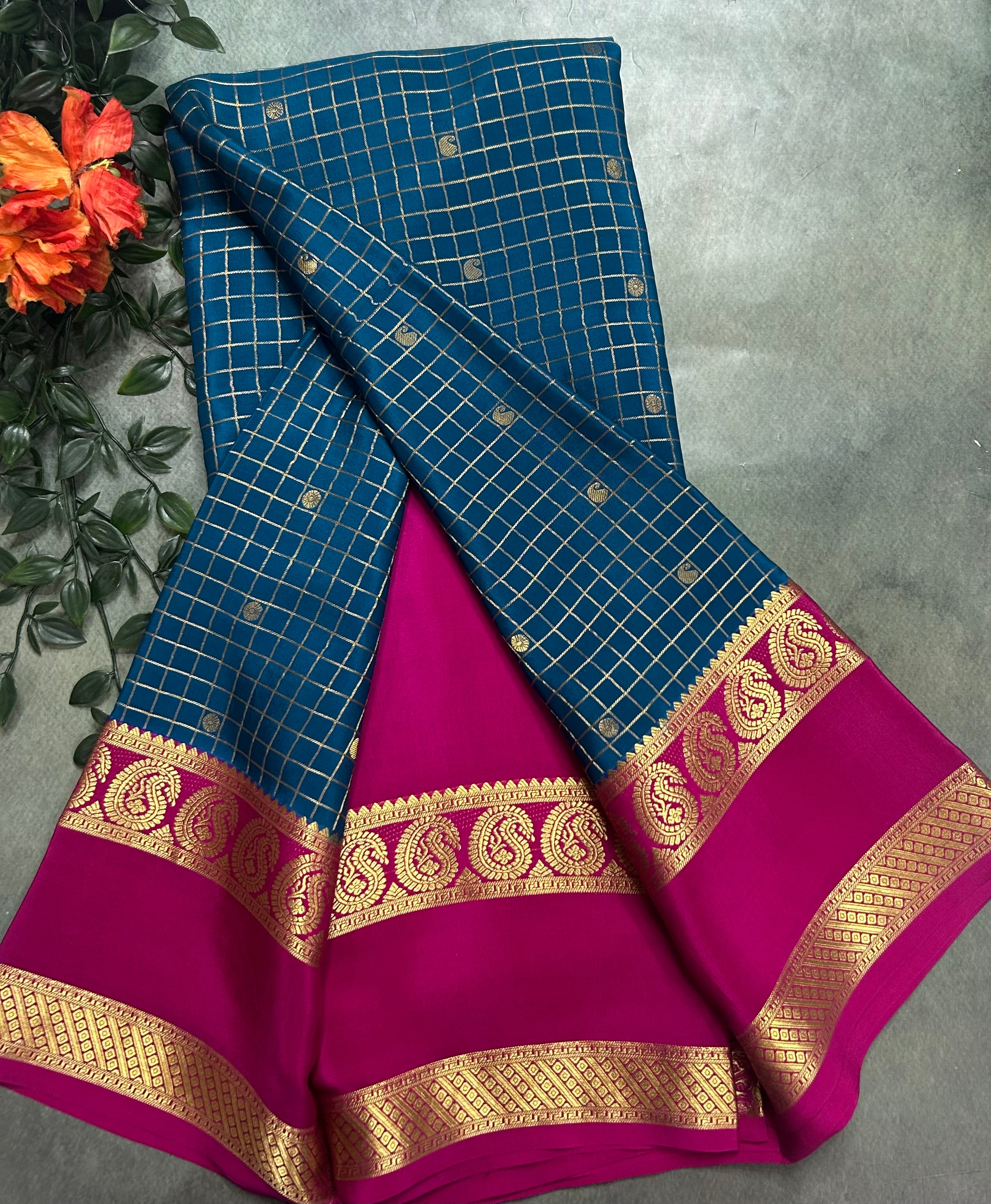Dark Rama green small checks pure Mysore silk 105 saree