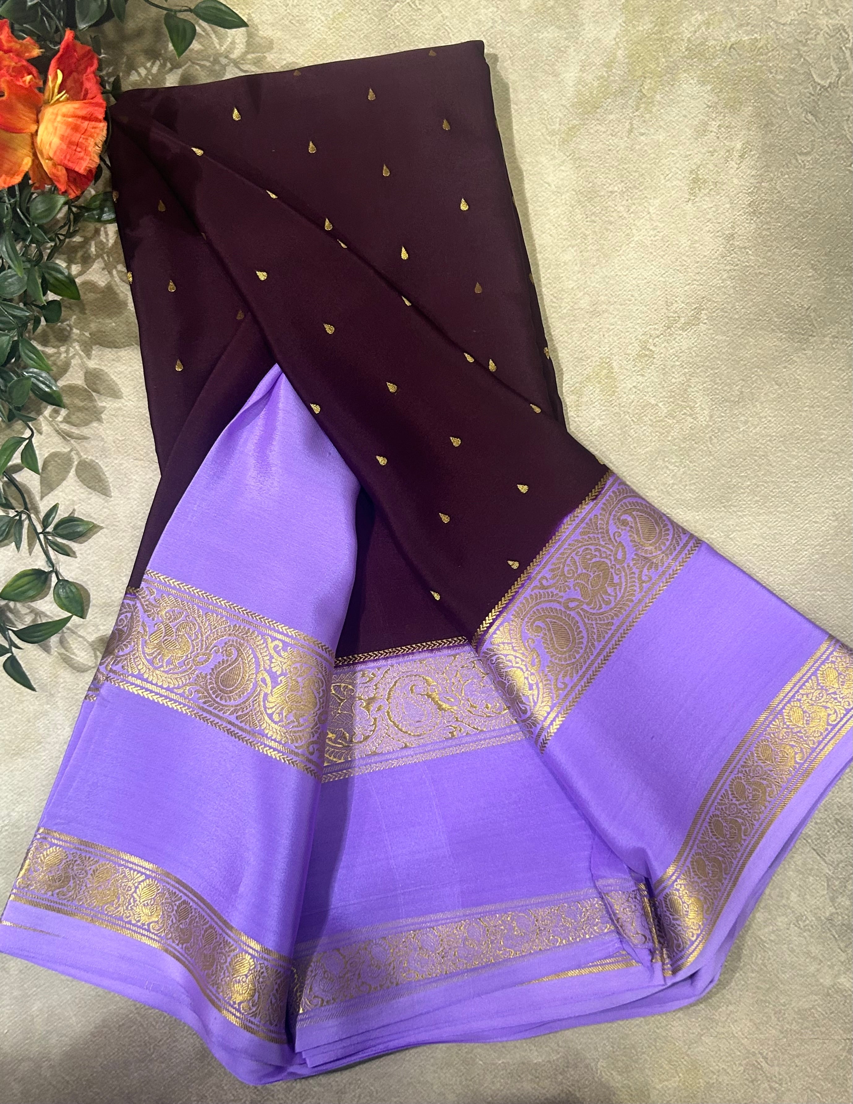 Dark brown bentex border pure Mysore silk 105 saree