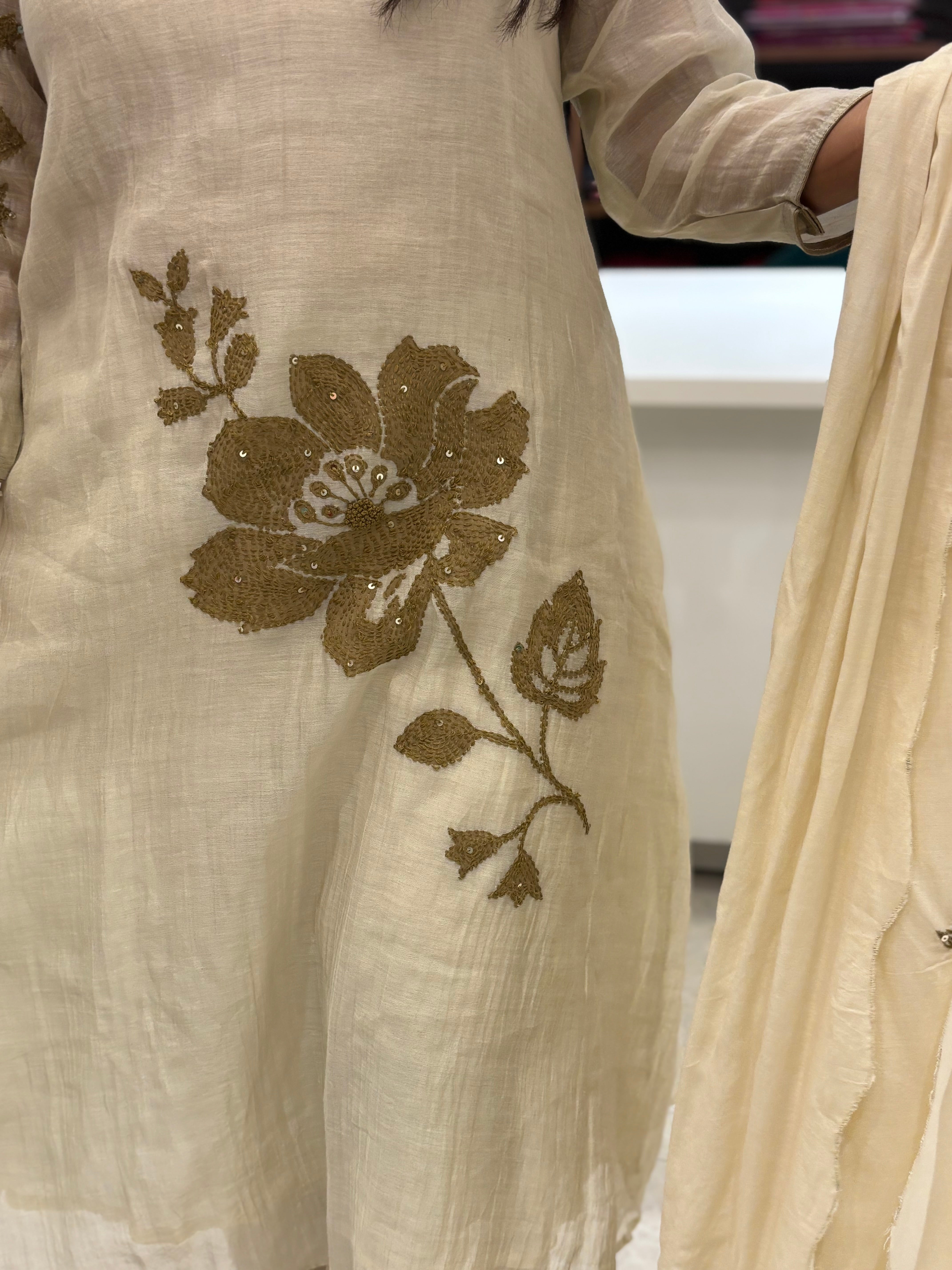 Cream Mul Chanderi Hand Embroidery A Line Kurtha 616