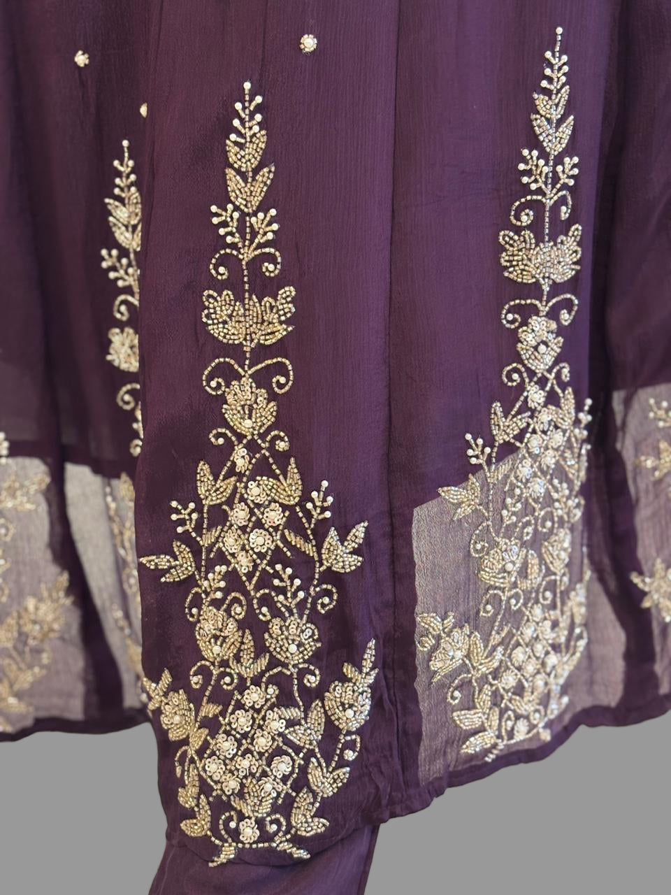 Dark Purple Anarkali Chinnon Hand Embroidery Kurtha 567