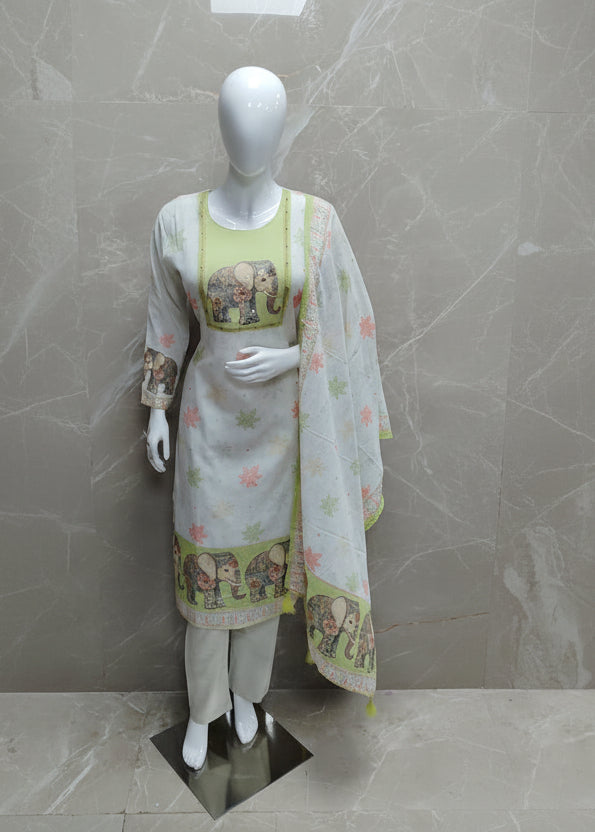 White Cotton Hand Embroidery Straight Fit Kurtha