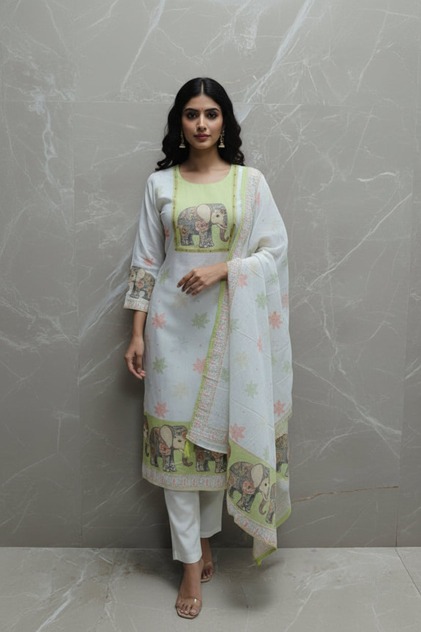 White Cotton Hand Embroidery Straight Fit Kurtha